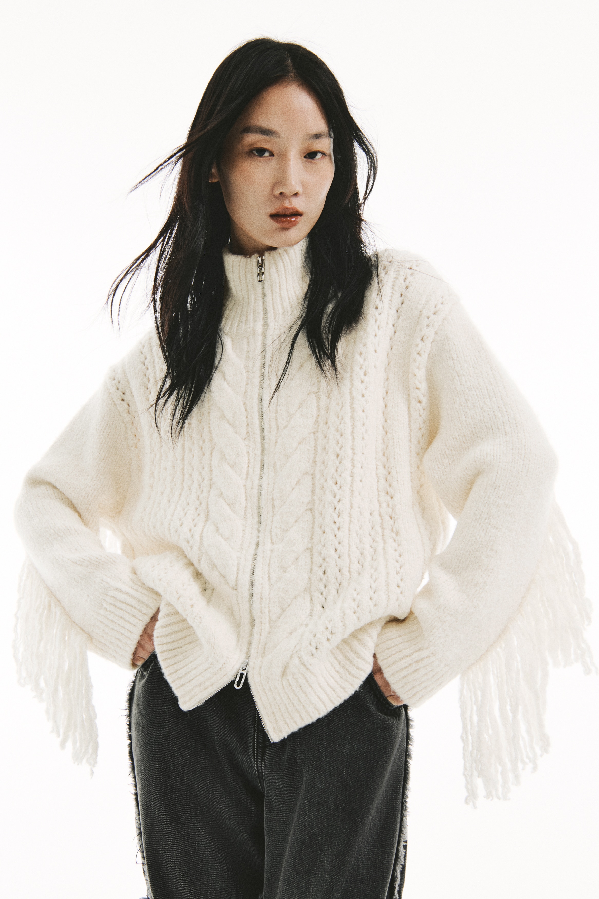 H & M - フルジップ フリンジカーディガン - ベージュ