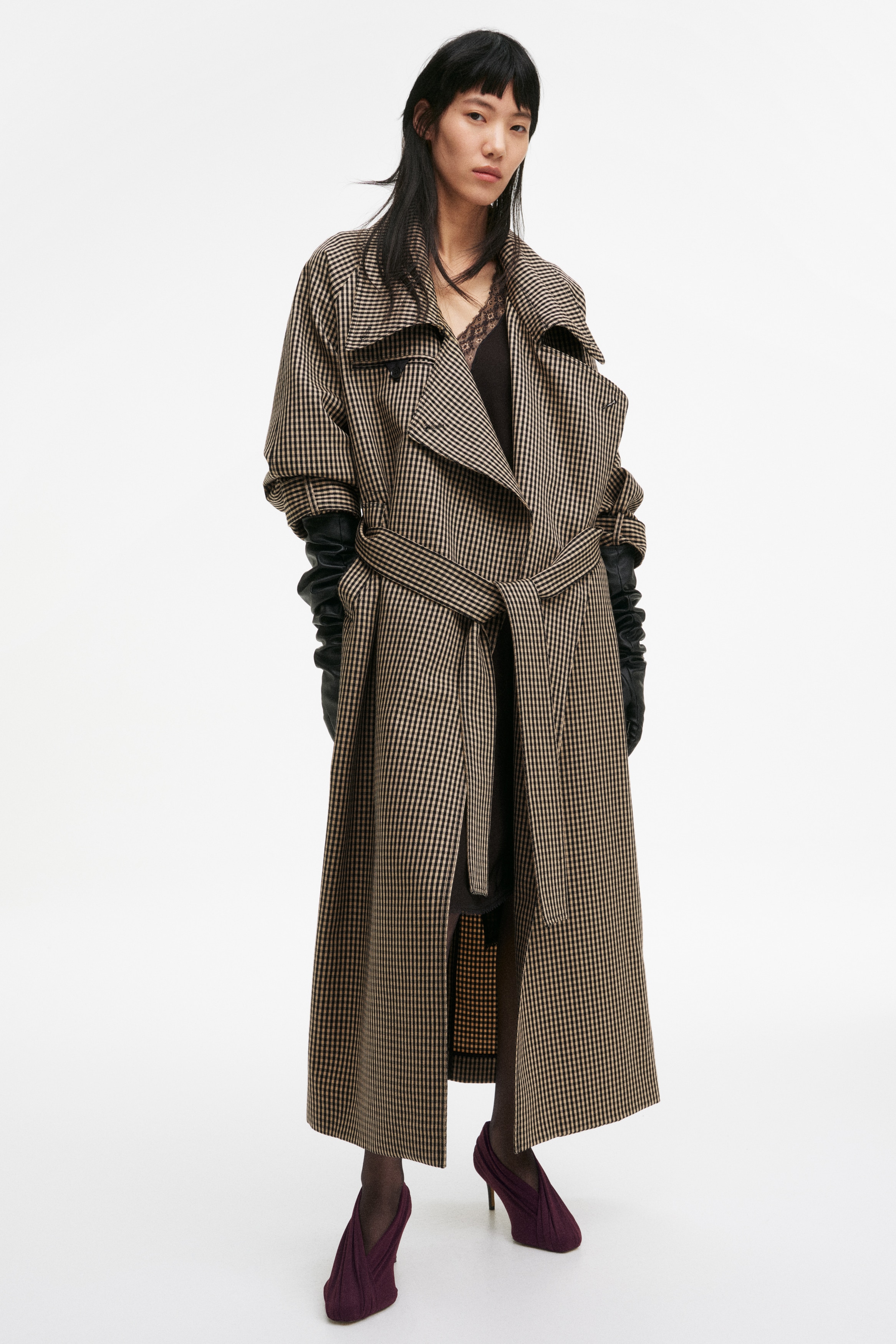 ウールロングコート - ブラック／ギンガムチェック - レディース | H&M JP