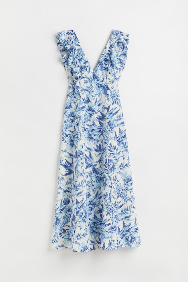 Linen-blend flounced dress - Blue/Floral - 1