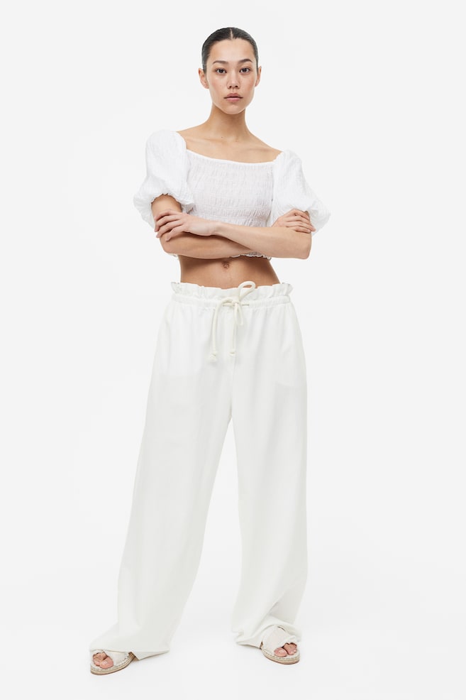 Wide linen-blend trousers - Cream - 1