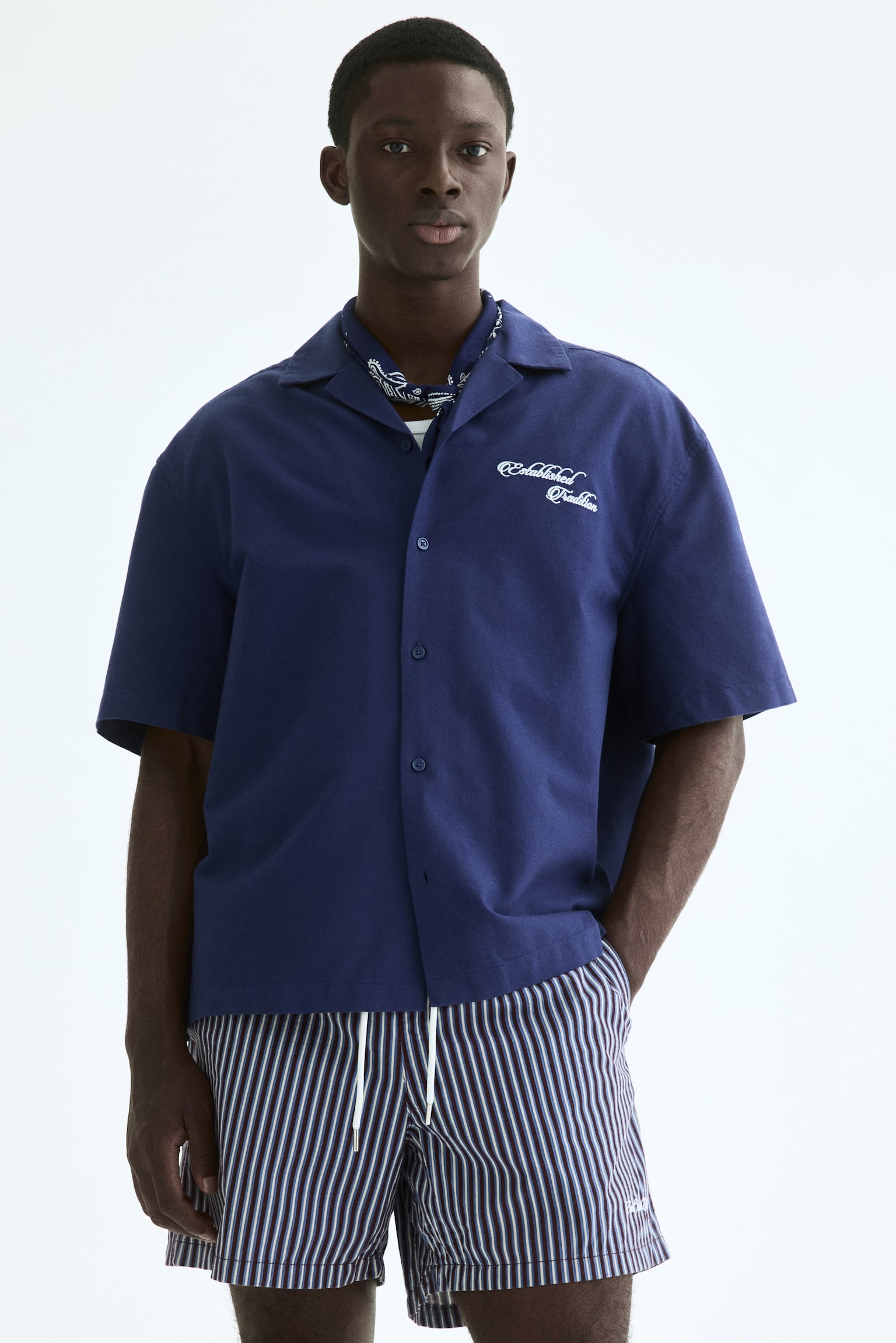 Relaxed Fit Embroidered-motif cotton resort shirt - Dark blue/Light blue - 1