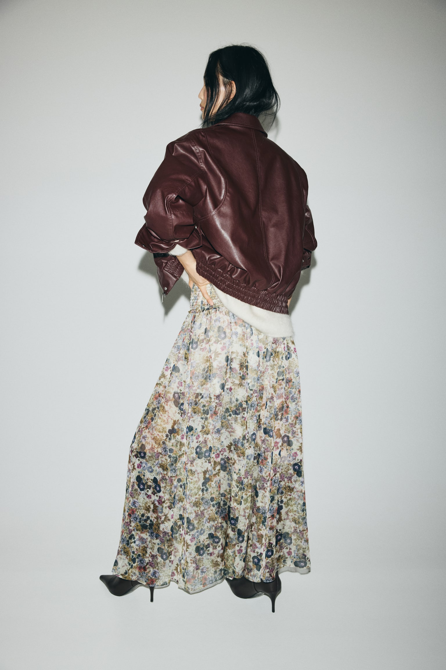 Smock-waisted crêpe skirt - Beige/Floral - 4