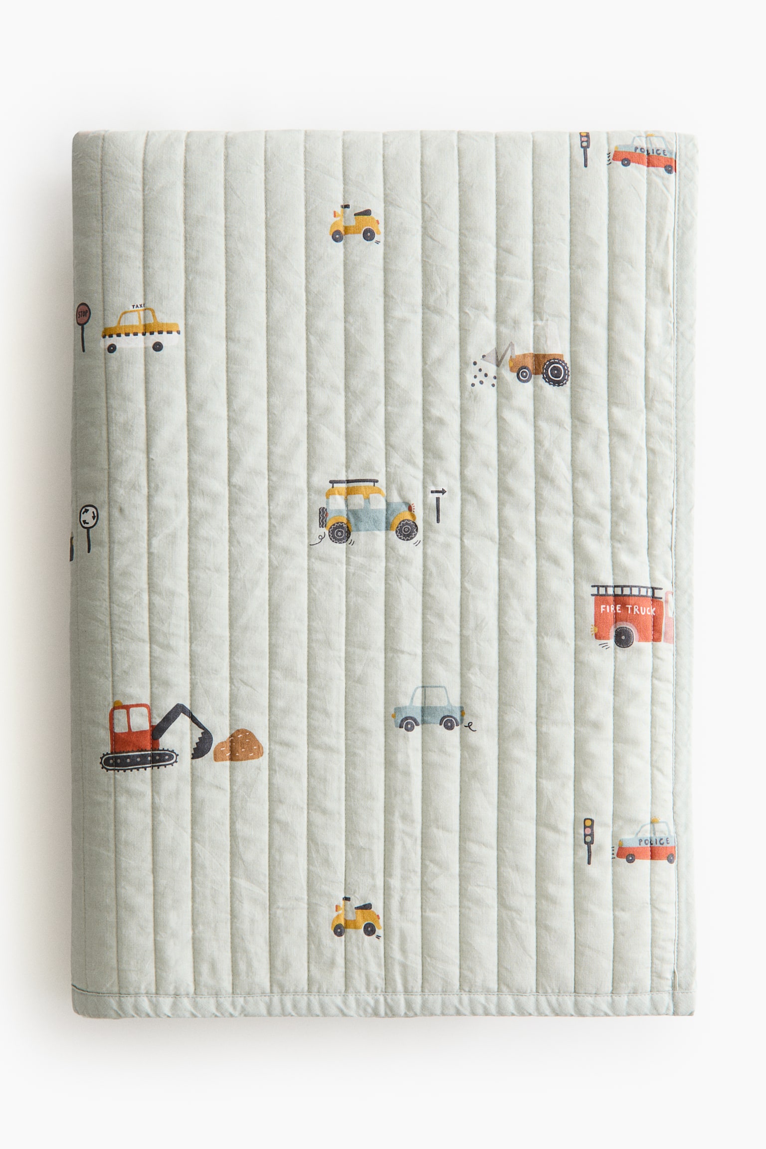 Quilted cotton bedspread - Light dusty green/Vehicles - 1