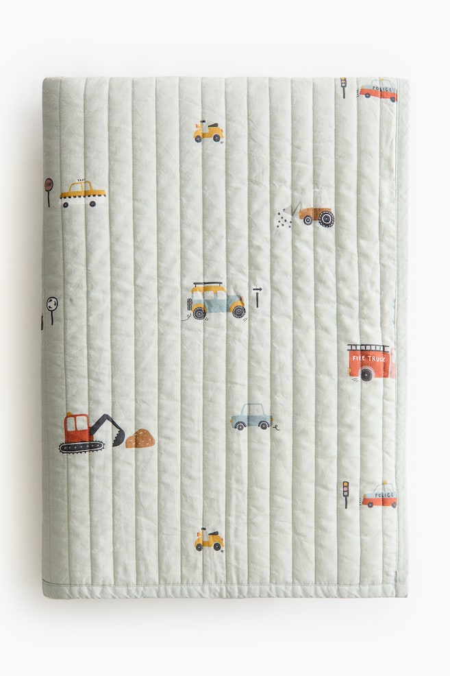 Quilted Cotton Bedspread - Light dusty green/vehicles/Light blue/airplanes - 1