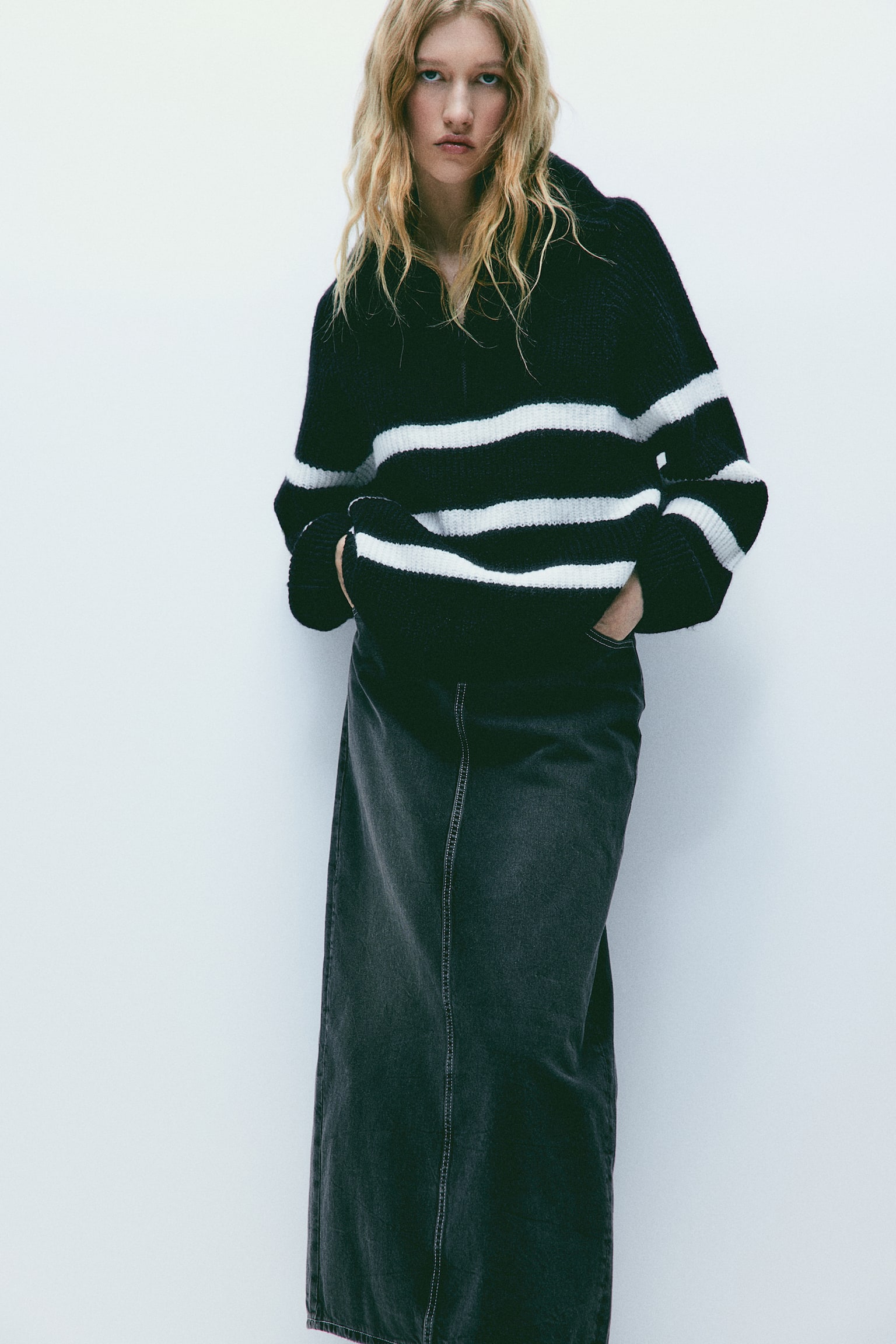 Oversized Half Zip Sweater - Black/Stripe - 3