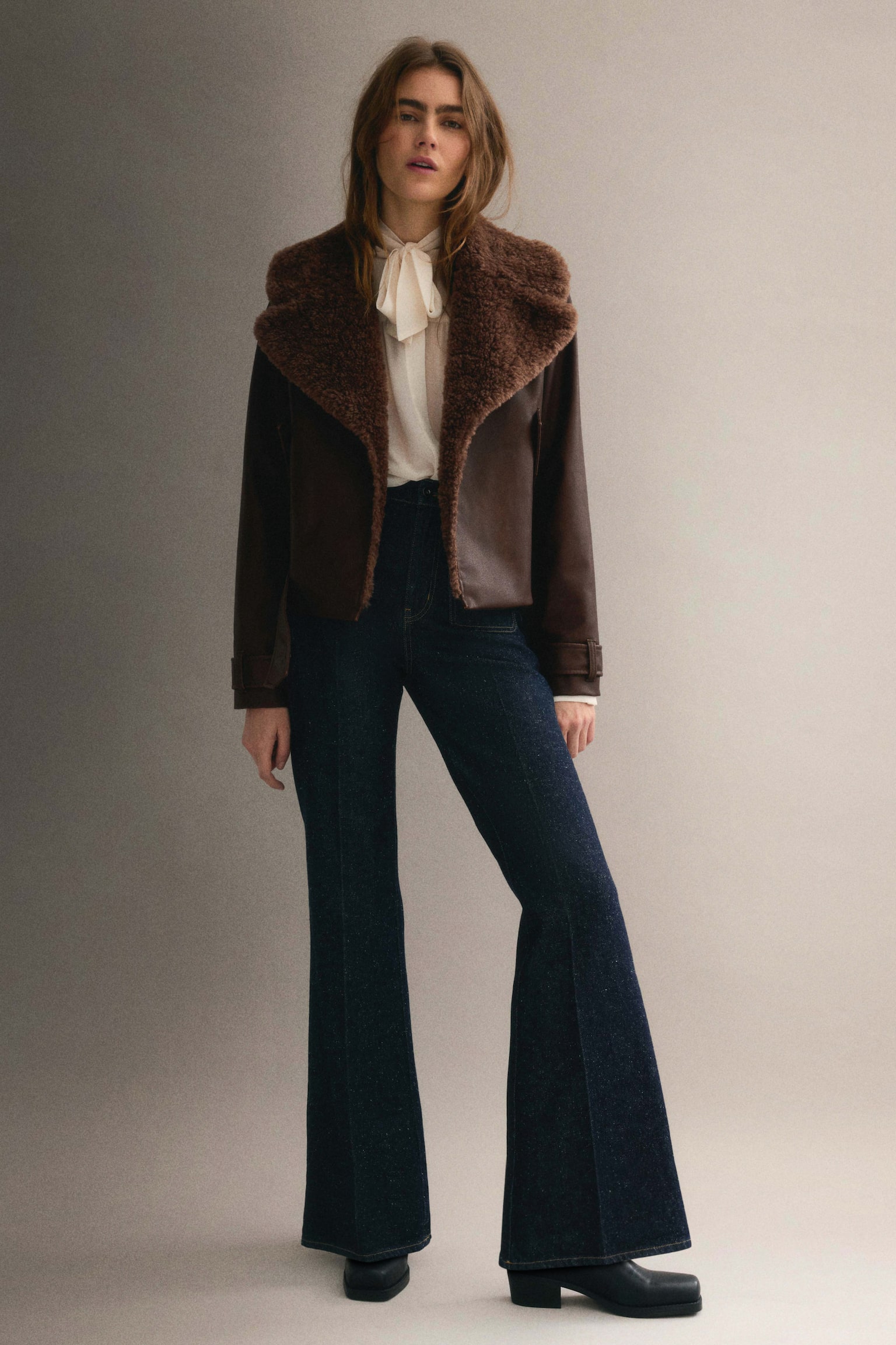 Teddy-collared biker jacket - Dark brown - 1