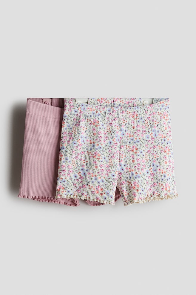 2-pack Ribbed Cotton Bike Shorts - Pink/floral/Beige/floral/Light dusty brown/white/White/raspberries/Light dusty green/patterned - 1