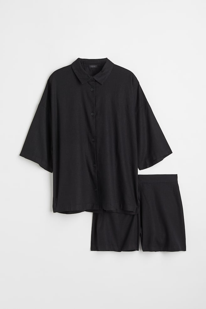 Linen-blend pyjamas - Black/Light beige - 2