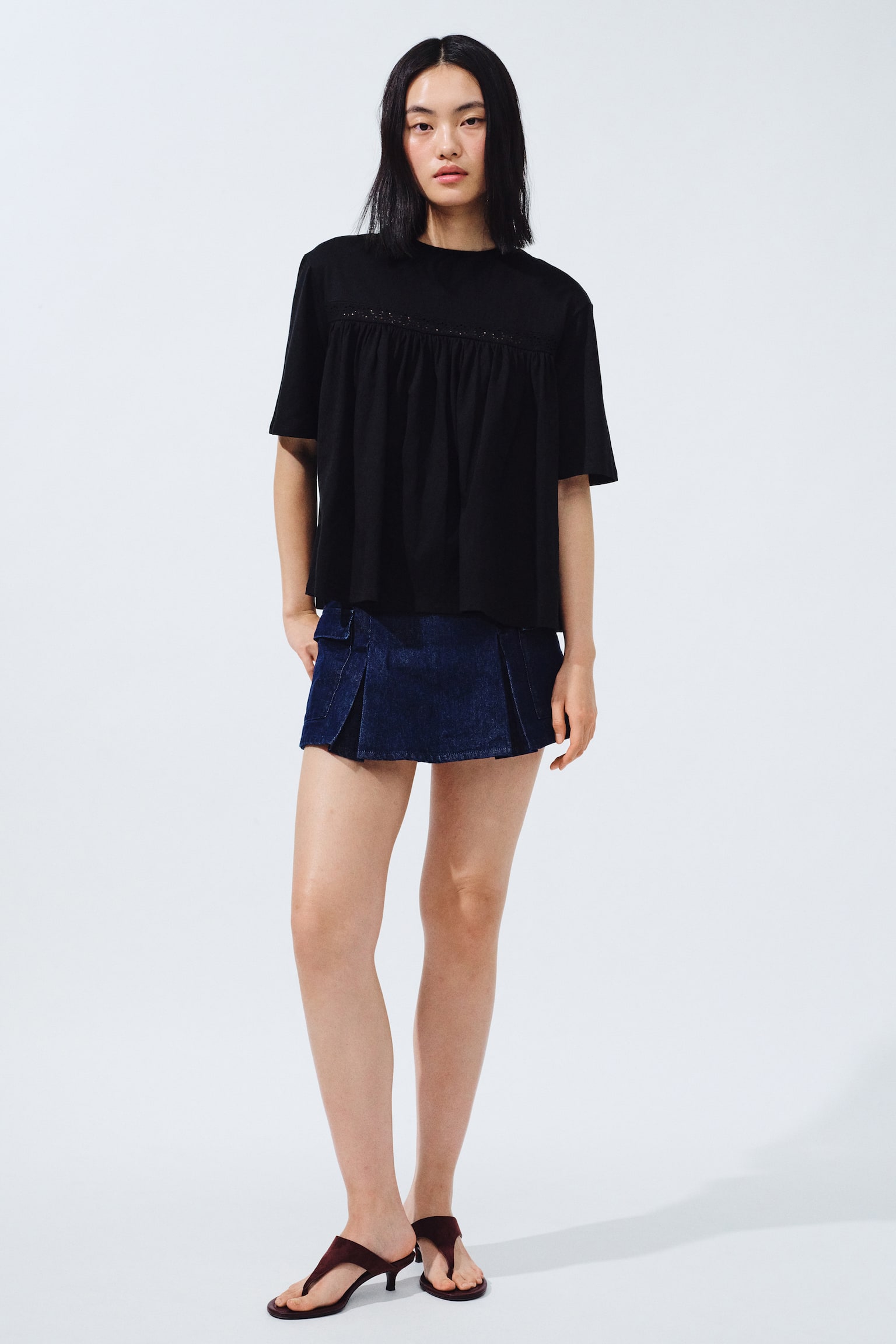 Lace Inset Cotton Top - Black/Dark blue/White - 1