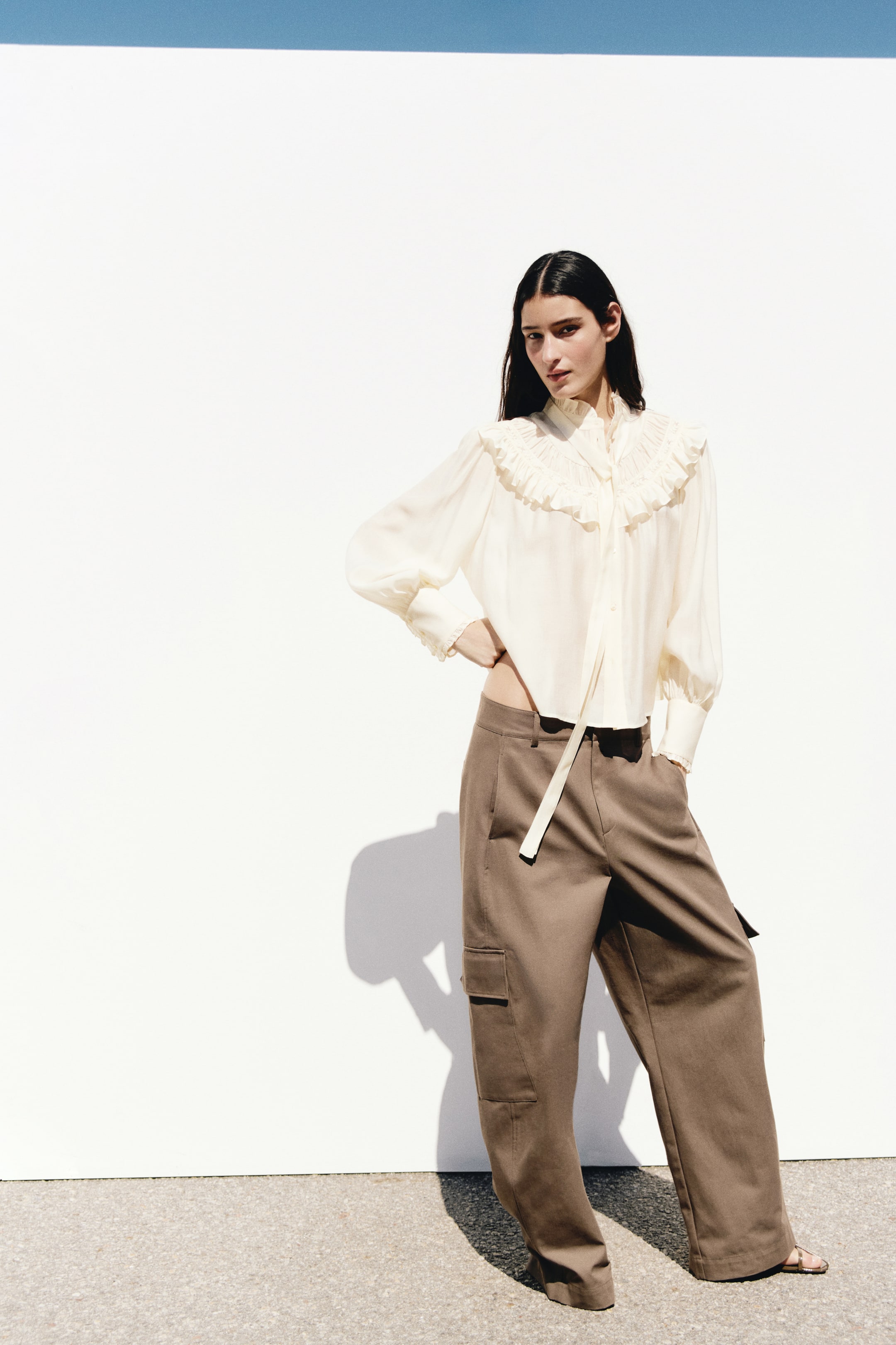 Ruffle-Trimmed Tie-Neck Blouse