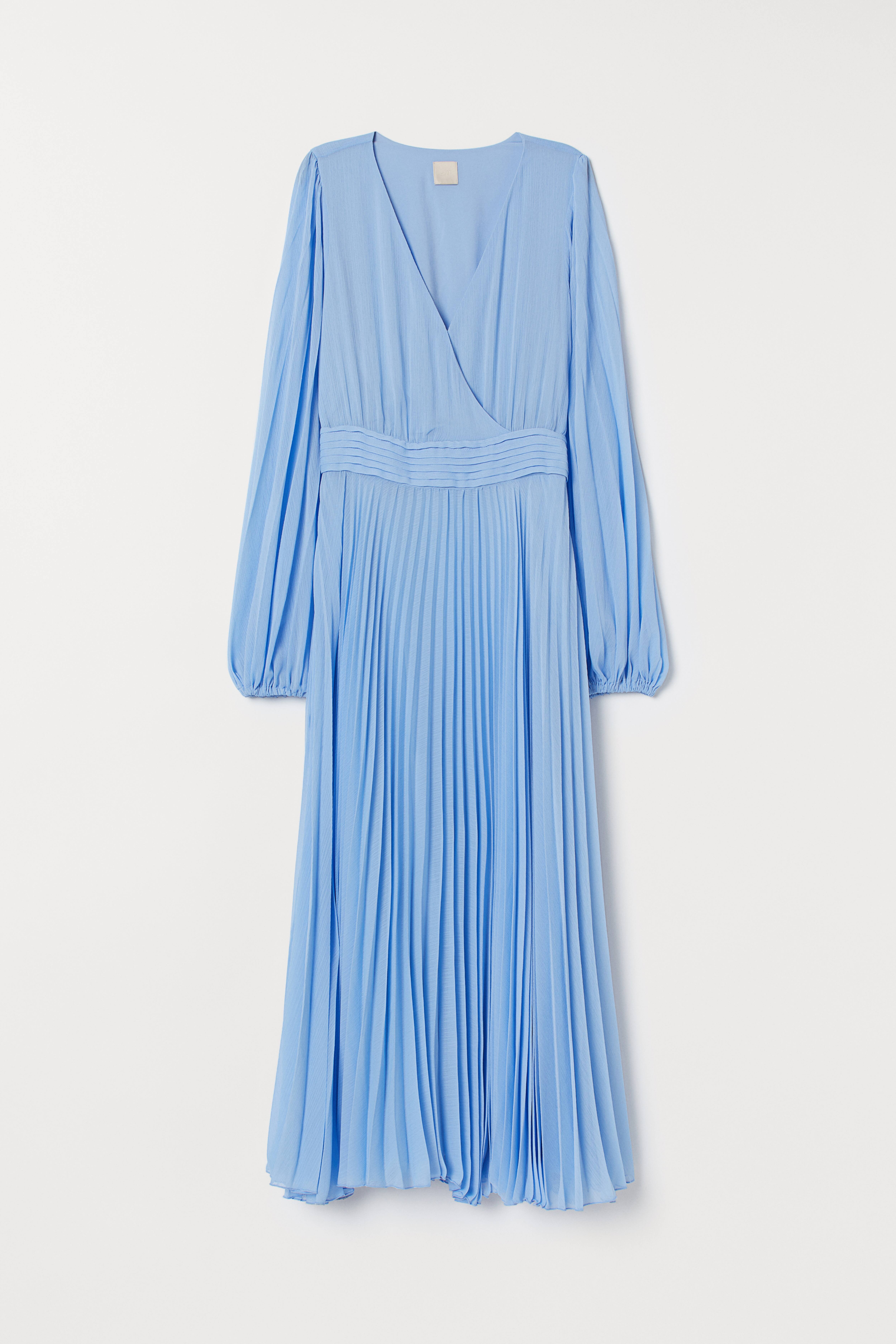 Pleated Long Dress - V-neck - Long sleeve - Light blue - Ladies | H&M US