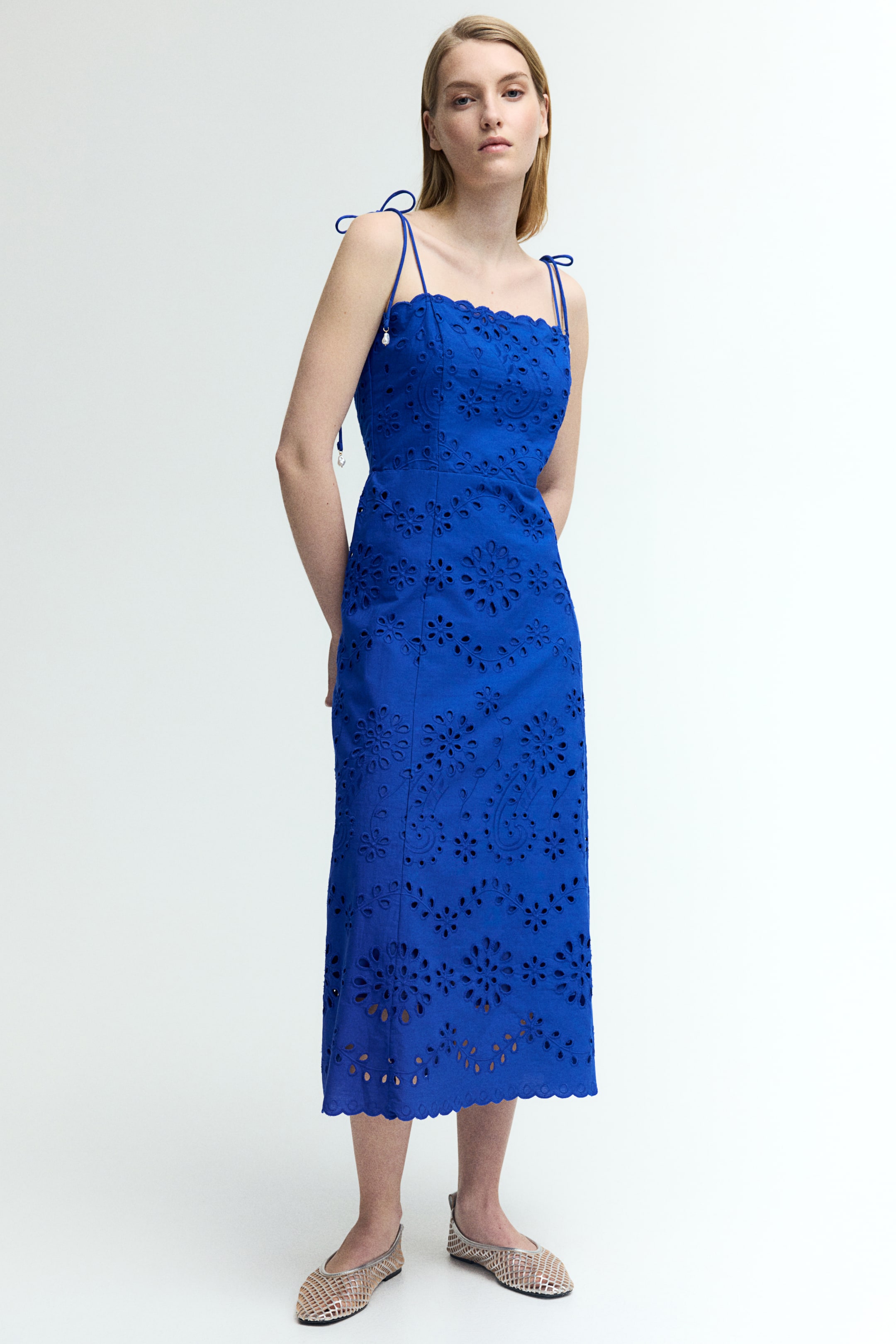 Eyelet Embroidered Tie-Shoulder-Strap Dress