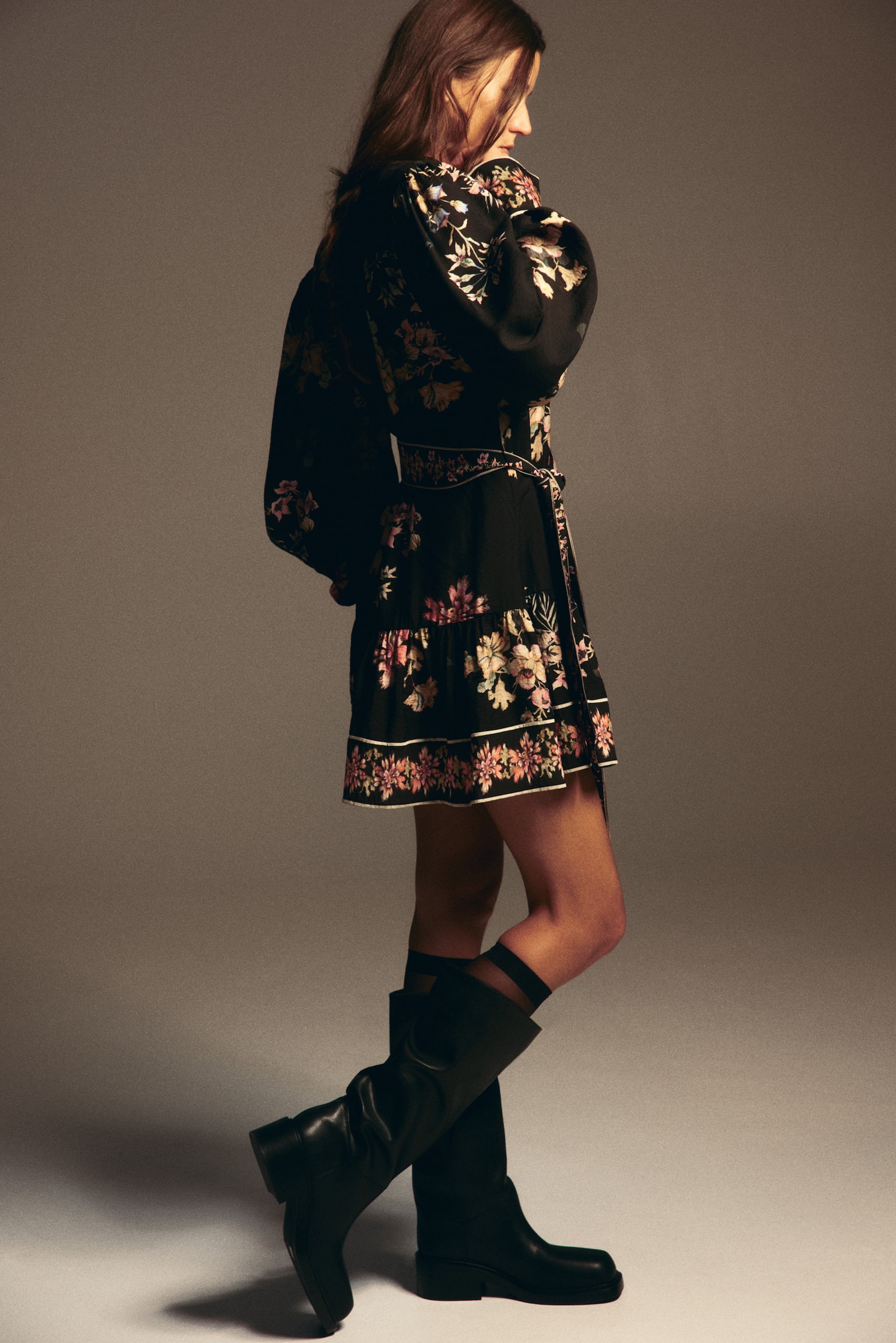 Tie-belt tunic dress - Black/Floral/Dark blue/Paisley pattern - 6