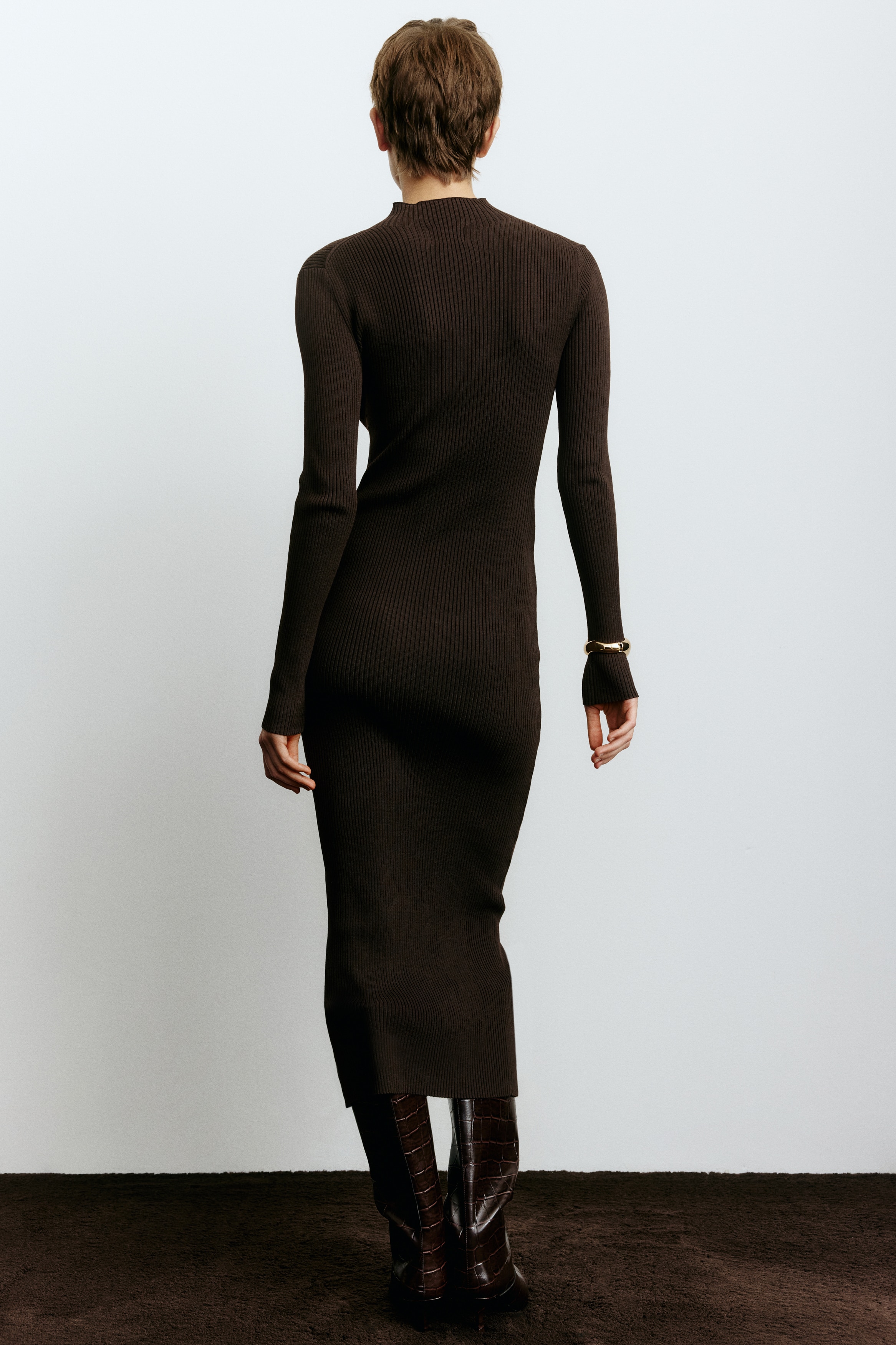 スタンドカラー プチハイネック ストライプ ワンピース 膝丈 ひざ丈 袖