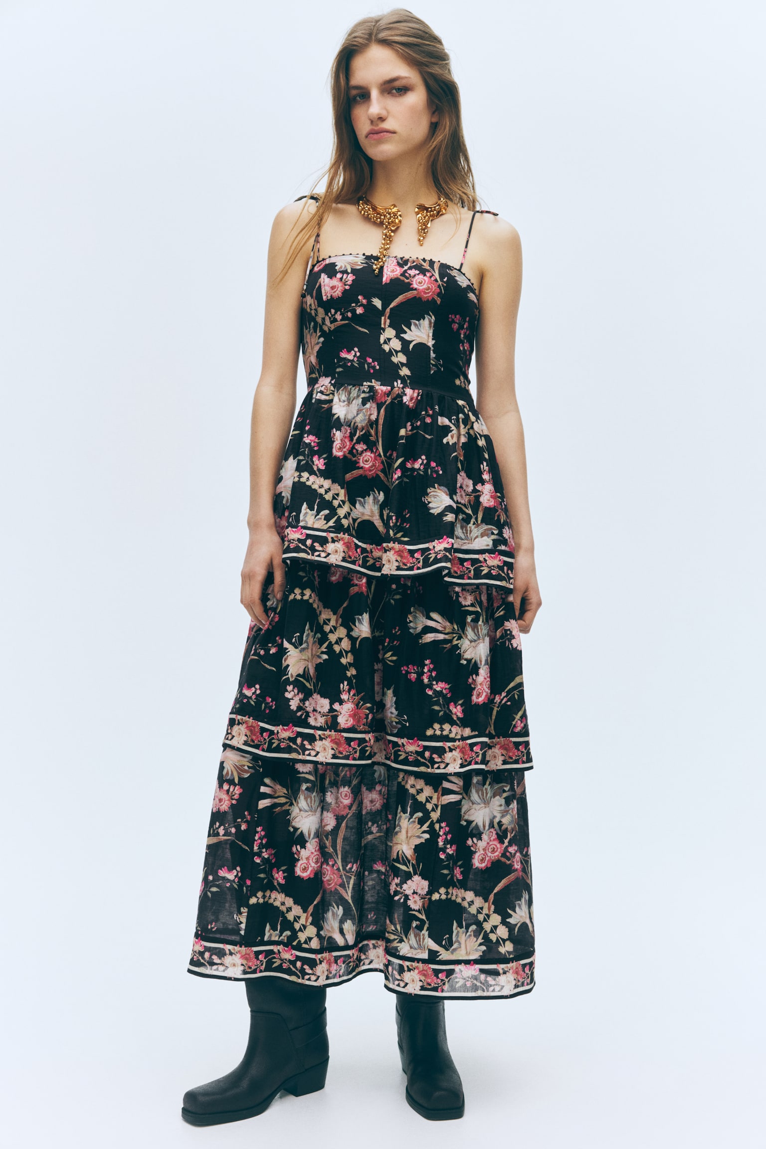 Tiered linen-blend dress - Black/Floral - 6