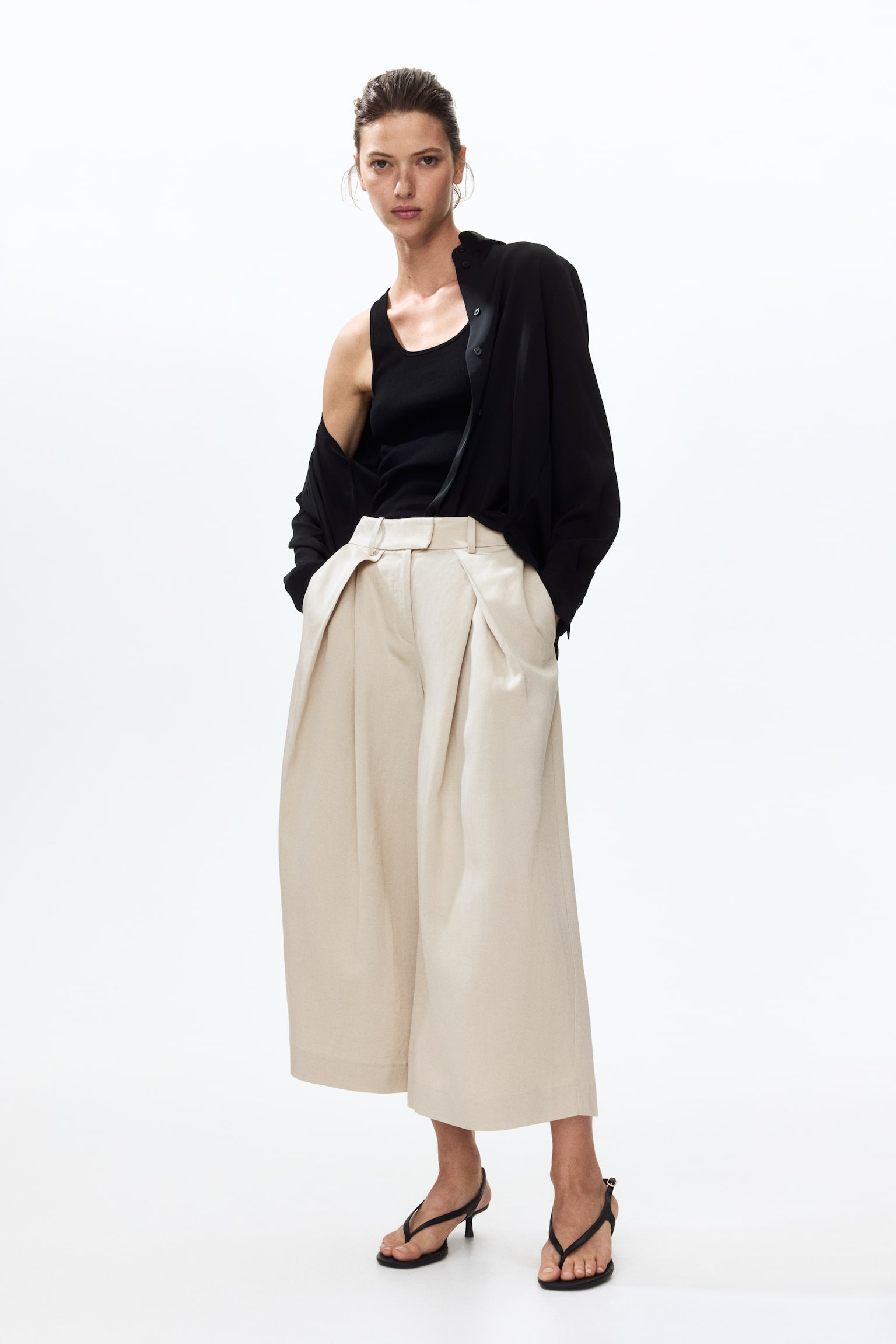 Linen-blend pleat-front culottes - Light beige - 1