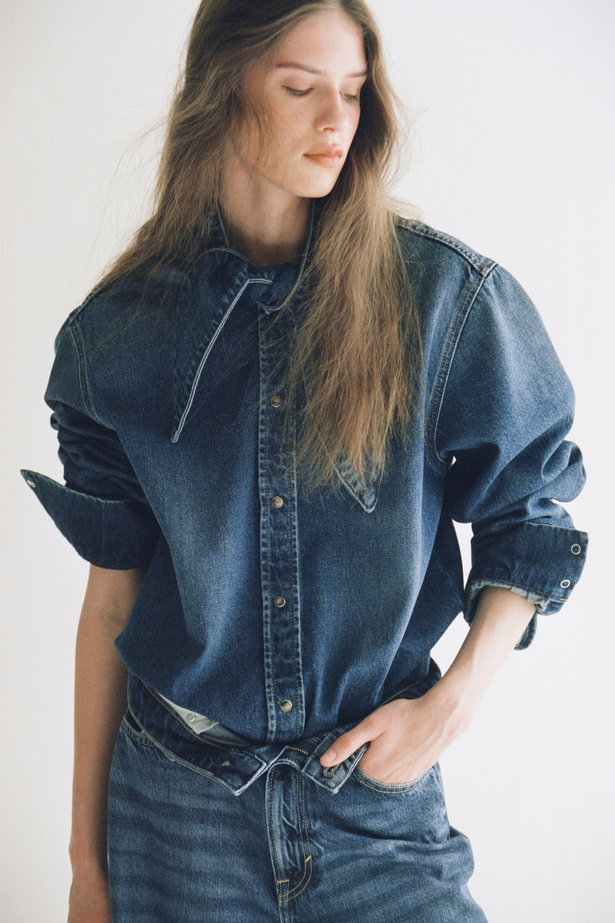 View larger image: Bow-collar denim shirt - Denim blue - Ladies | H&M 1