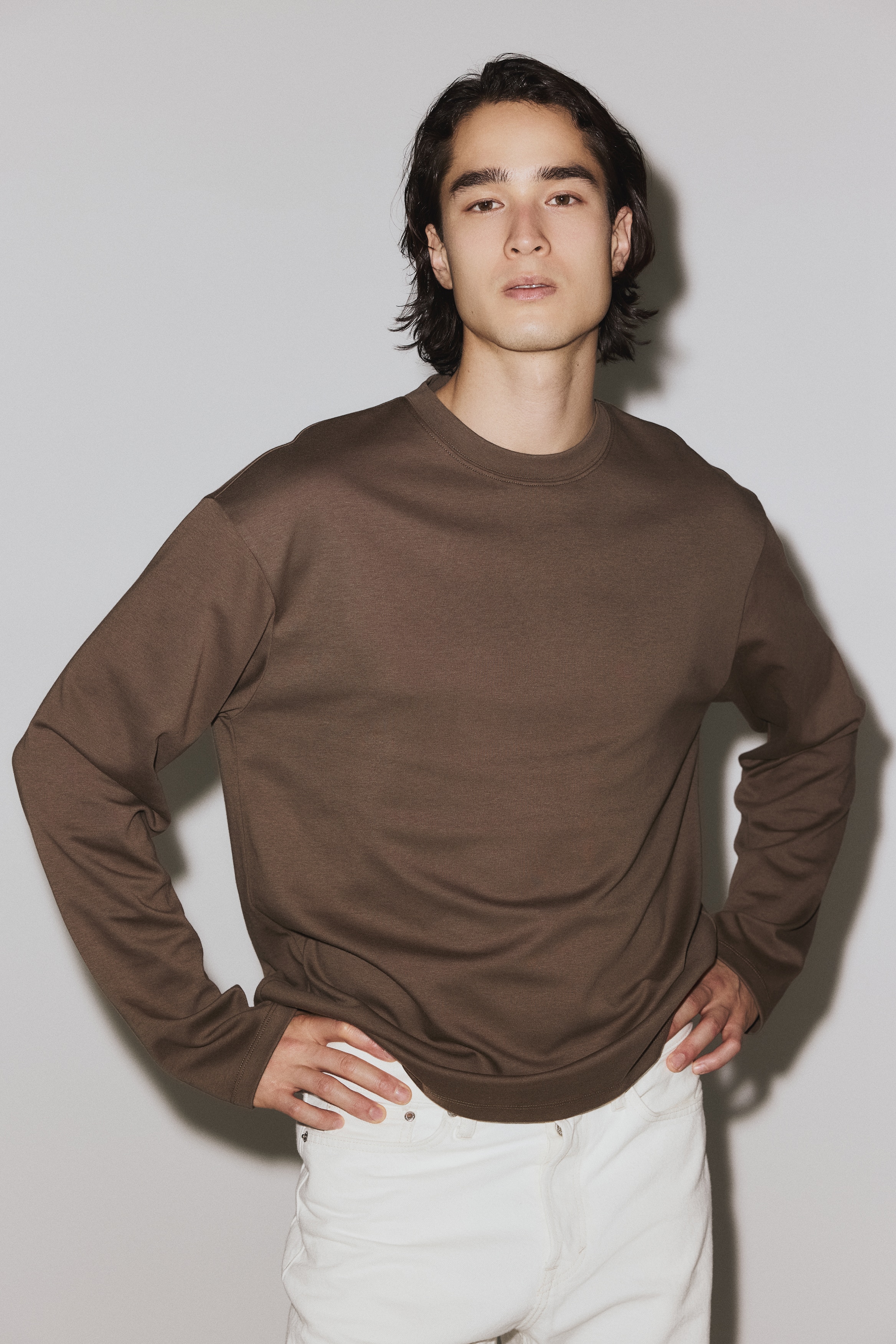 Tričko s dlouhým rukávem Cooling Regular Fit - Světle hnědá/Černá/Bílá