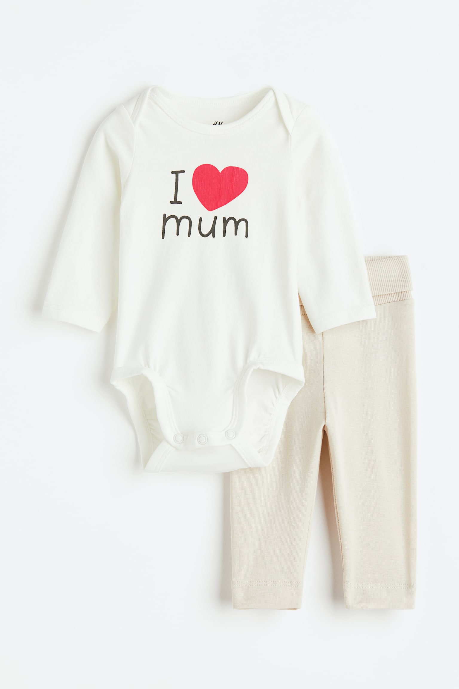 2-piece Cotton Jersey Set - White/I Love Mum/White/Pattern/Cream/Hearts/White/Hearts/White/Pattern/Light beige/I Love Dad - 1