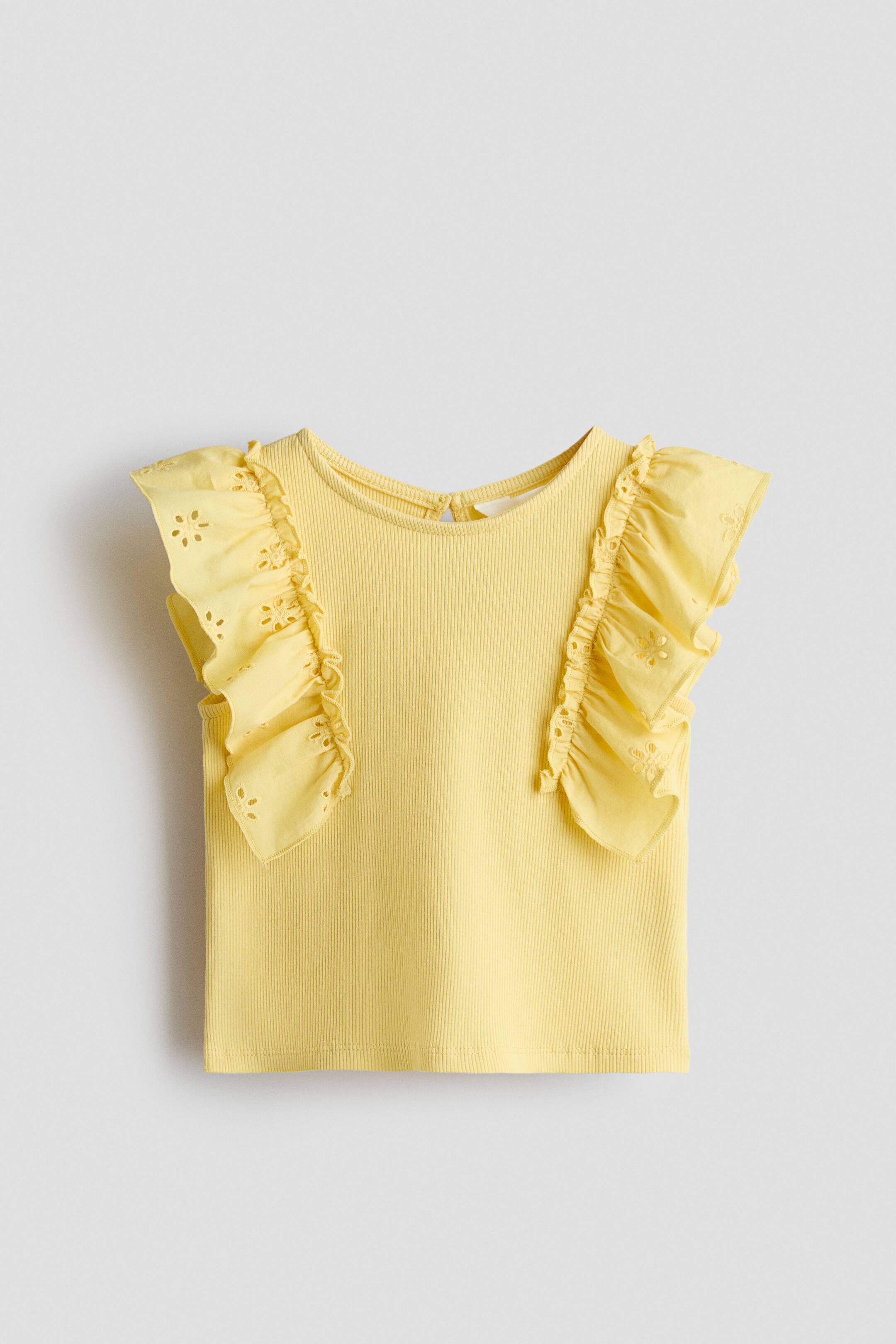 View larger image: A yellow ribbed-knit top features a round neckline and ruffled cap sleeves with eyelet embroidery. A keyhole opening with a button closure is visible at the back of the neck.