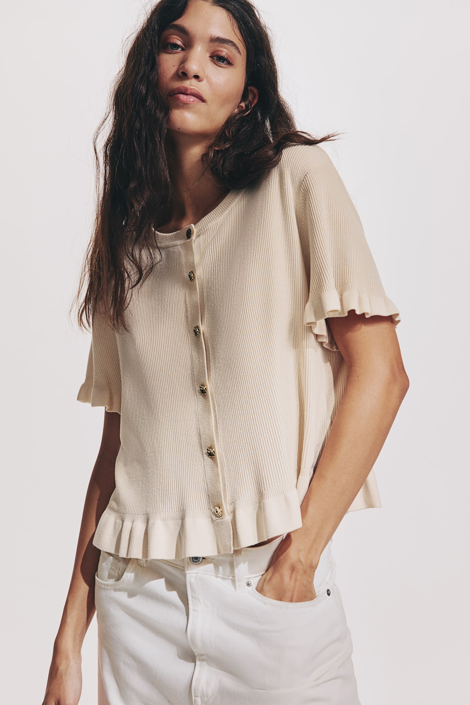 Frill-trimmed cardigan - Màu be nhạt - 3