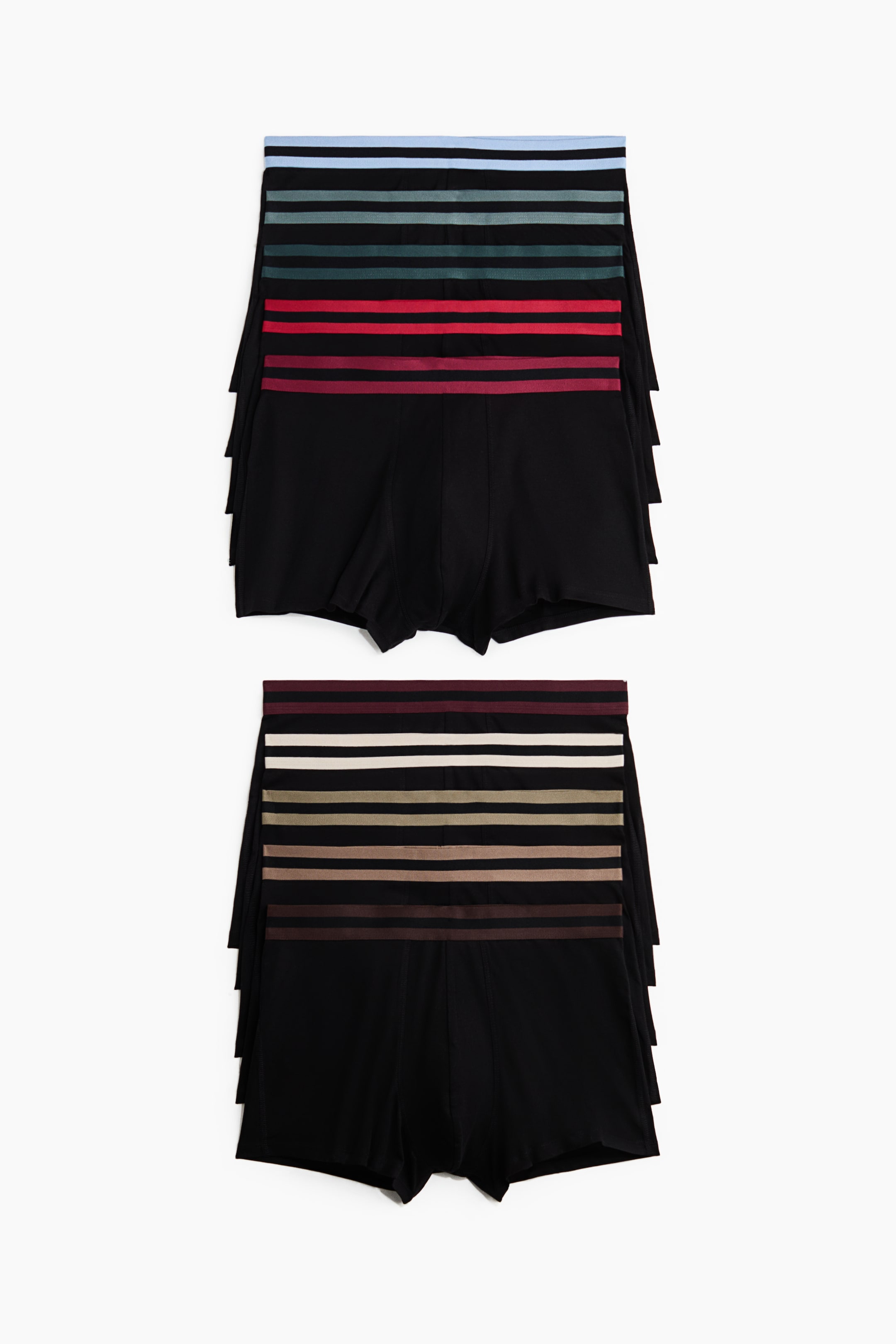 View larger image: Two piles of black boxer briefs are showing off their front view, each boasting a unique set of multi-coloured striped waistbands. The top pile is flaunting light blue, teal, red, and burgundy stripes, while the bottom pile is showcasing cream, olive green, light brown, and dark brown stripes.