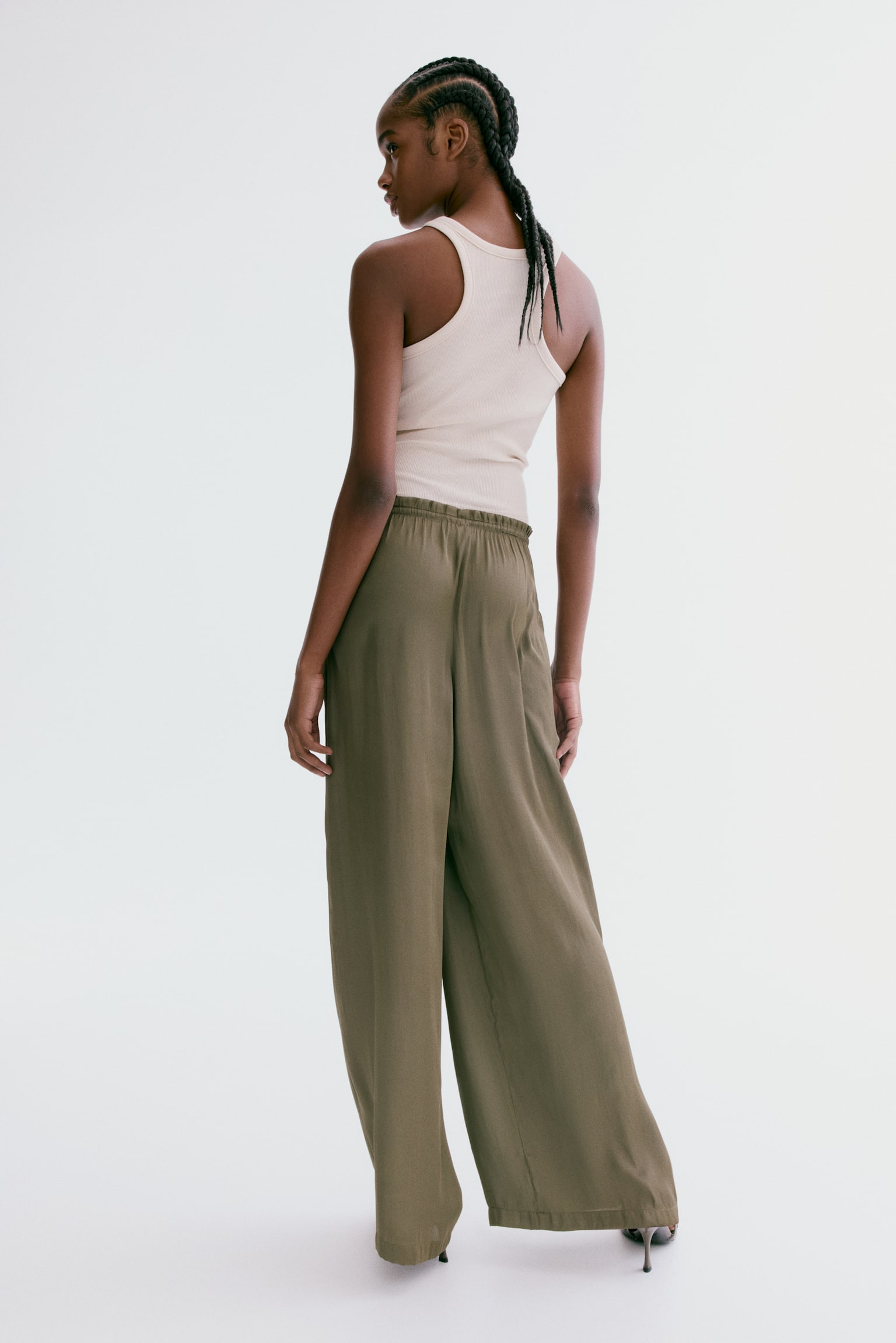 Satin drawstring trousers - Dark khaki green/Beige/Black - 3