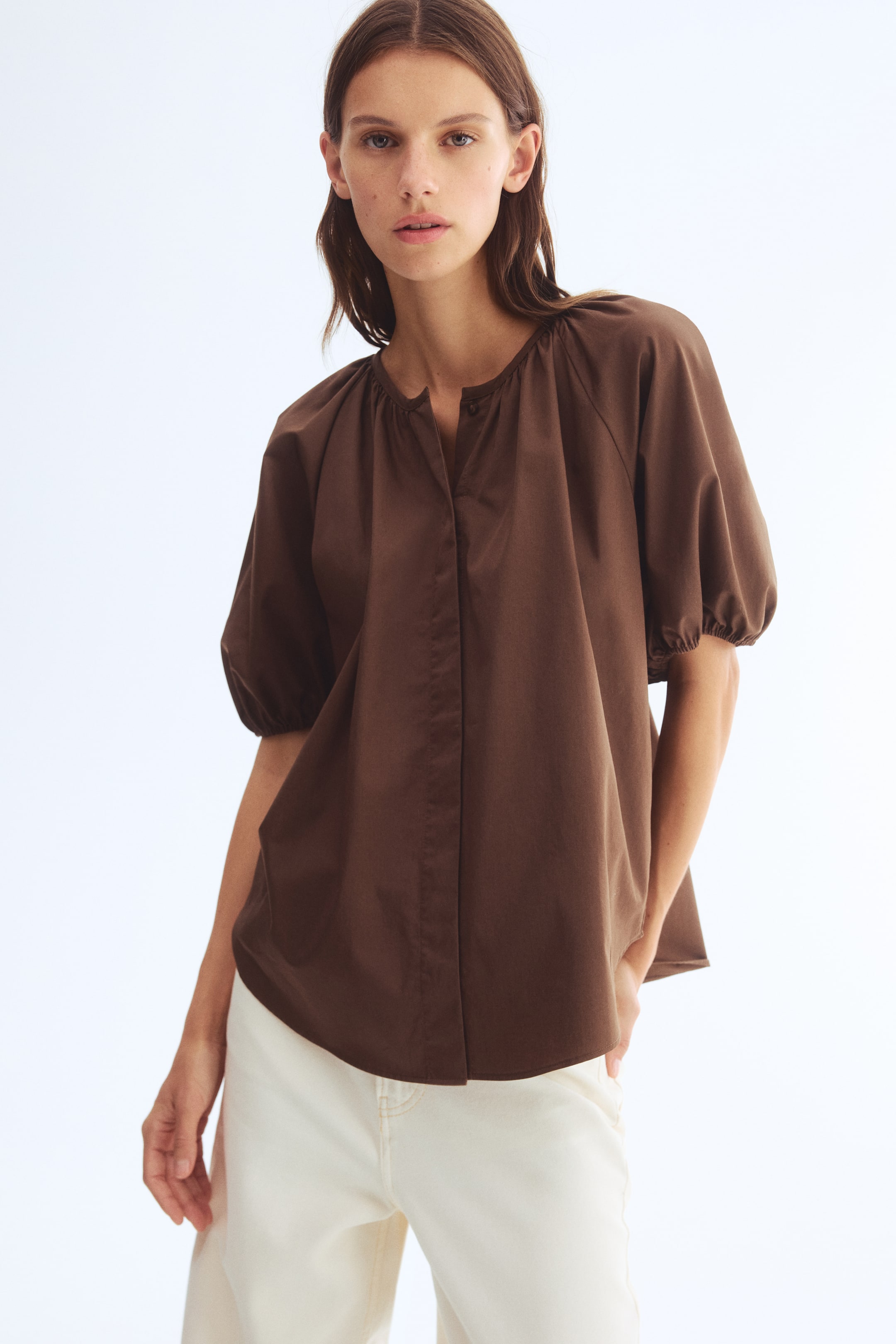 View larger image: Puff-sleeved cotton blouse - Dark brown - Ladies | H&M IN 1