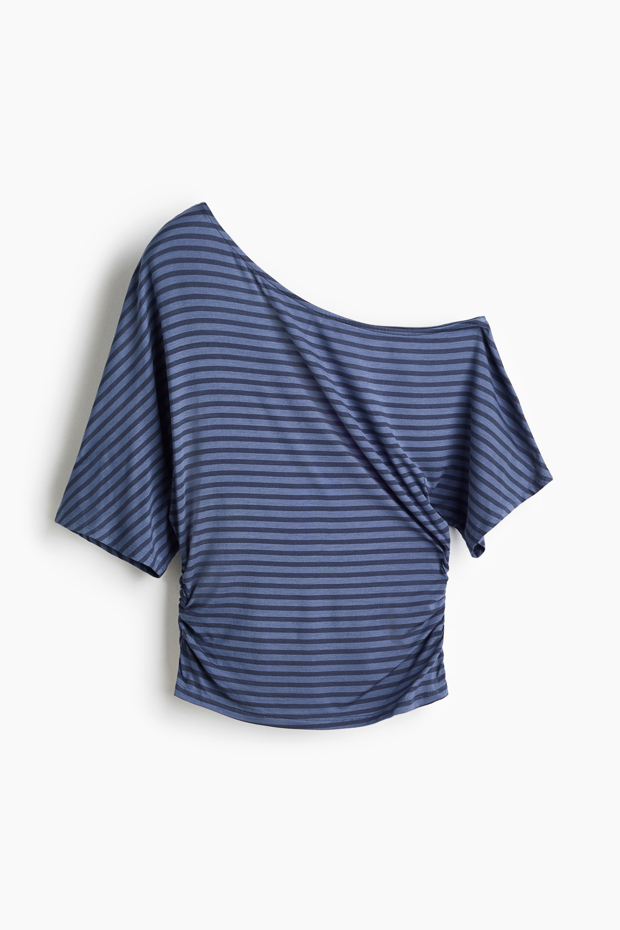 View larger image: A fitted, one-shoulder top is showcased from the front, highlighting a blue striped pattern on soft viscose jersey. It features an asymmetric neckline, short sleeves, and gathered side seams that create a gently draped effect.