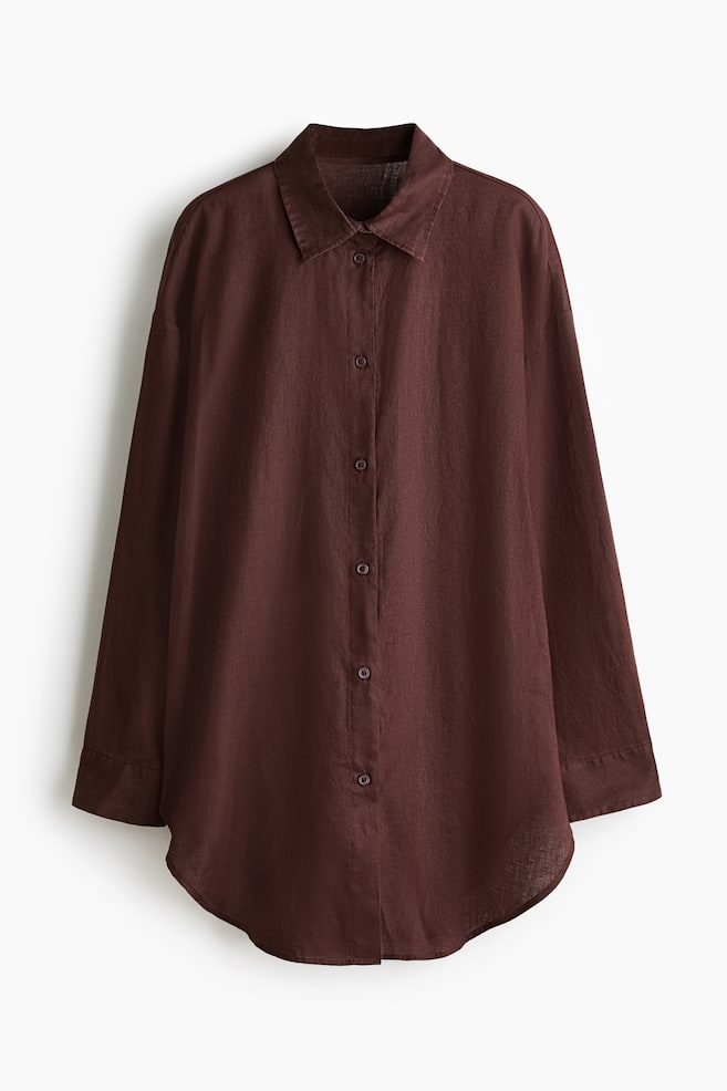 Linen beach shirt - Dark brown/Black/White - 1