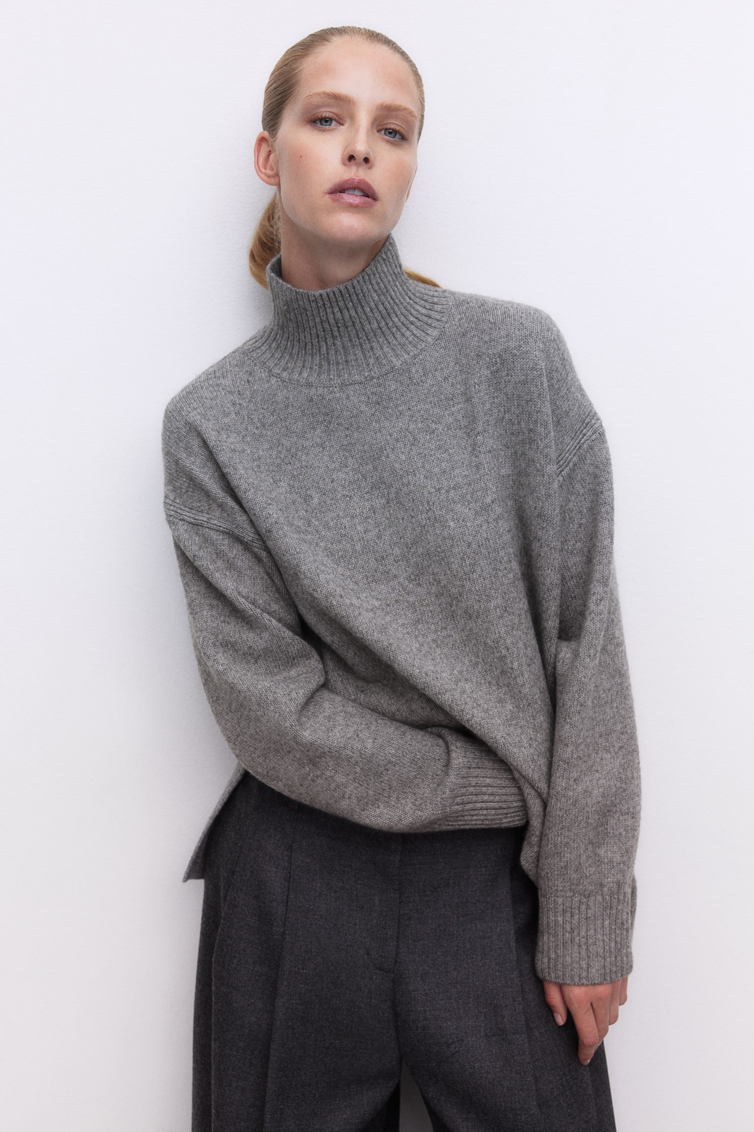 Oversized polo-neck jumper - Grey marl/Dark khaki green/Red/Light beige marl/Pigeon blue/Natural white/Striped/Cream/Black/Cream striped/Grey marl/Striped/Mustard yellow - 4