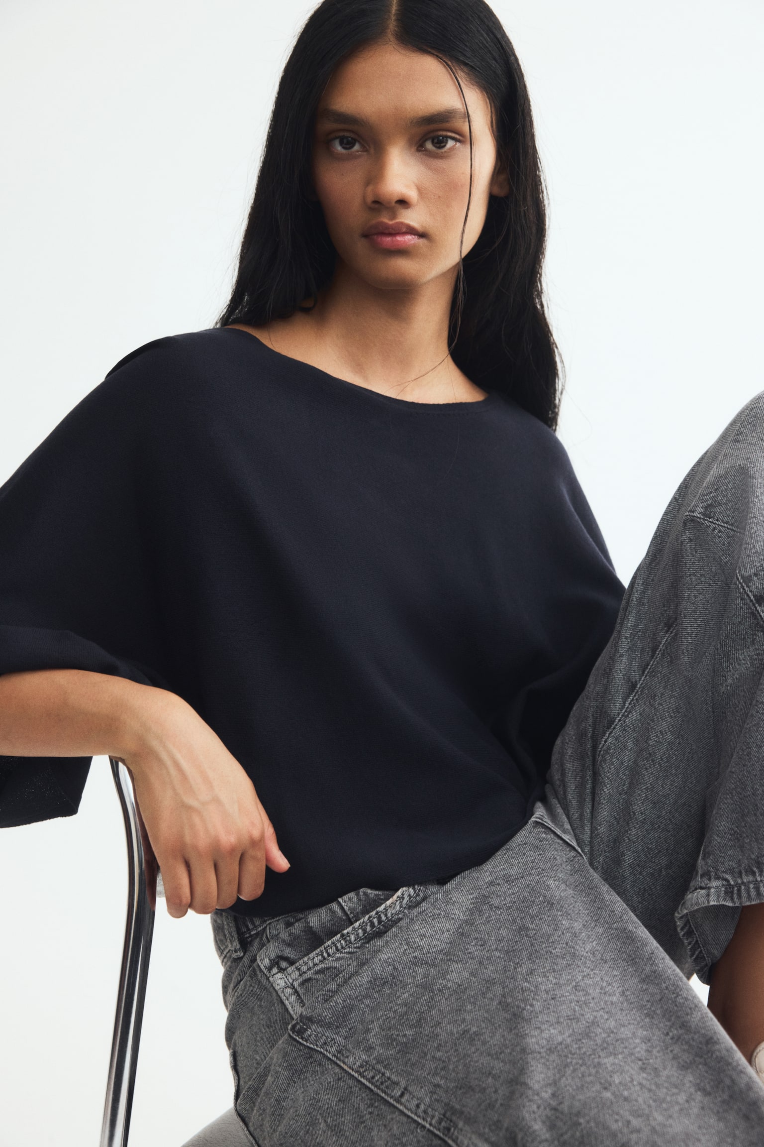 Batwing-sleeved top - Navy blue/Cream - 1