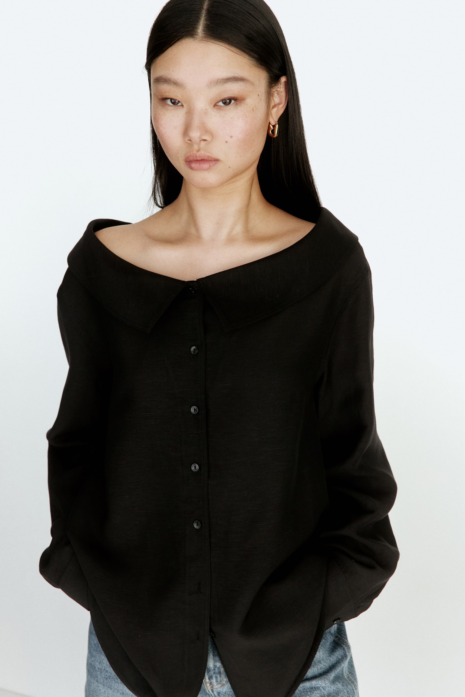 Linen-blend off-the-shoulder shirt - Black - 5