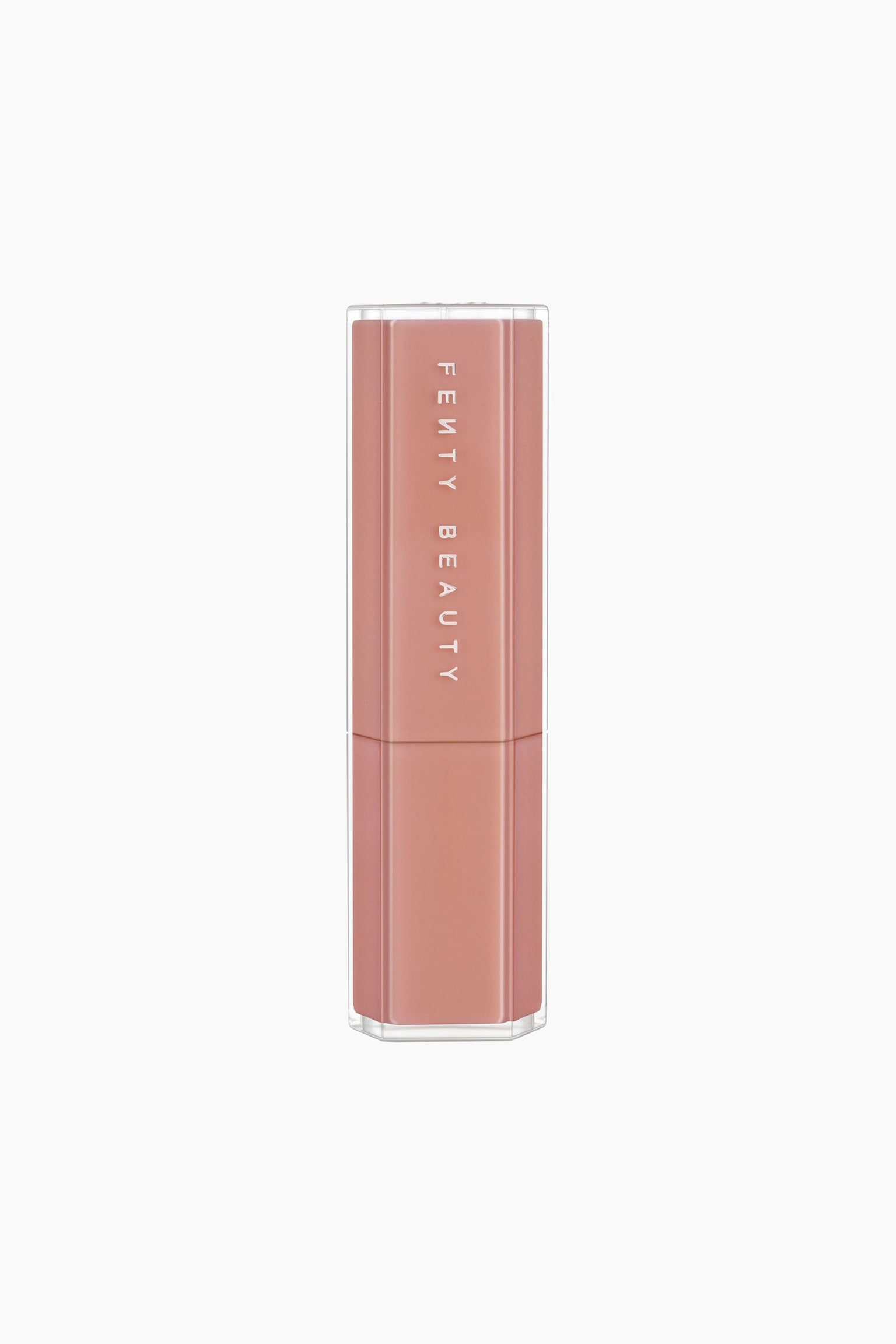 Gloss Bomb Stix High-shine Gloss Stick stÃ¥r upprÃ¤tt och har ett Ã¥ttkantigt, transparent ytterhÃ¶lje som avslÃ¶jar ett dammrosa inre hÃ¶lje. VarumÃ¤rket "FENTY BEAUTY" Ã¤r tryckt vertikalt i vit text pÃ¥ framsidan av korken.