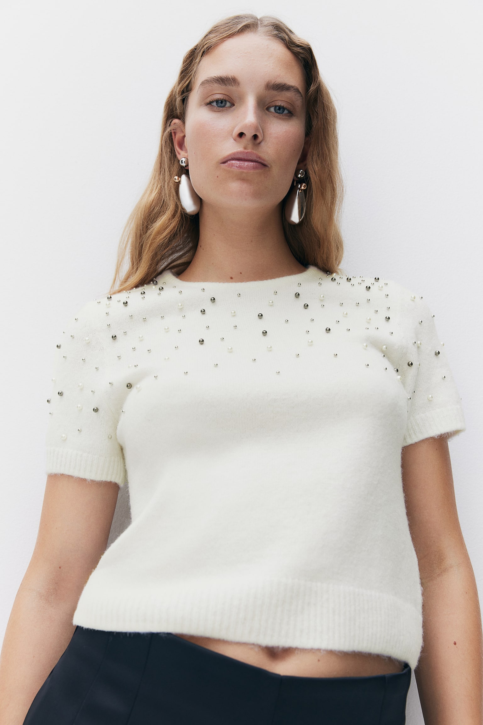 Embellished fine-knit top - Cream/Black - 4