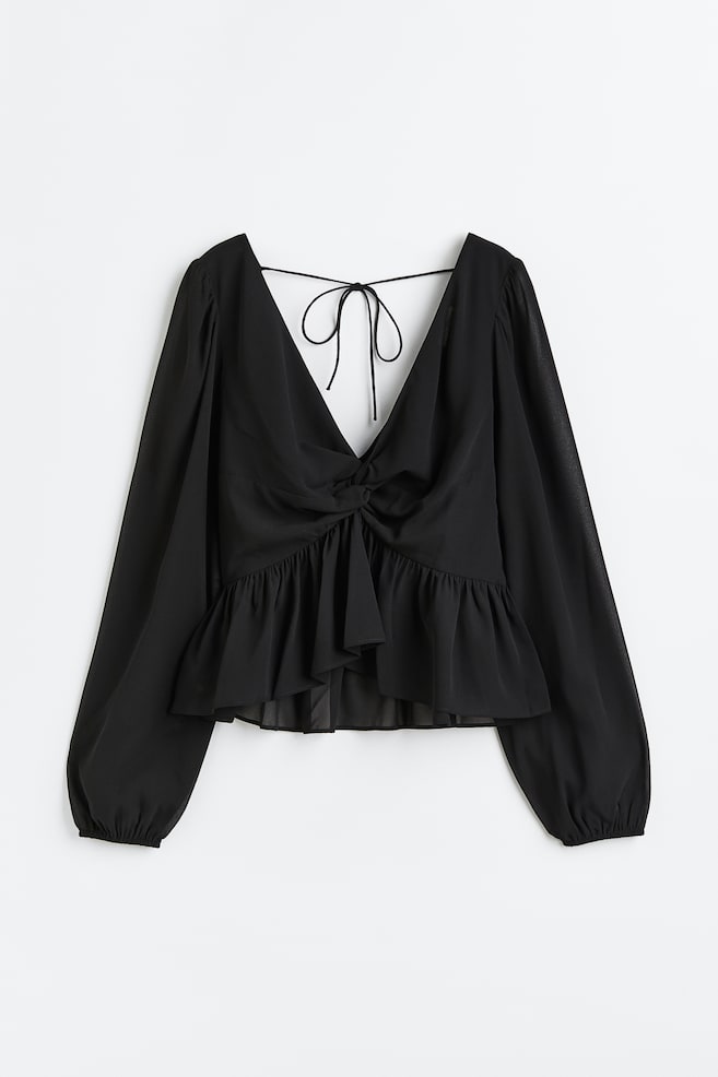 Balloon-sleeved peplum blouse - Black/Black/Patterned - 2