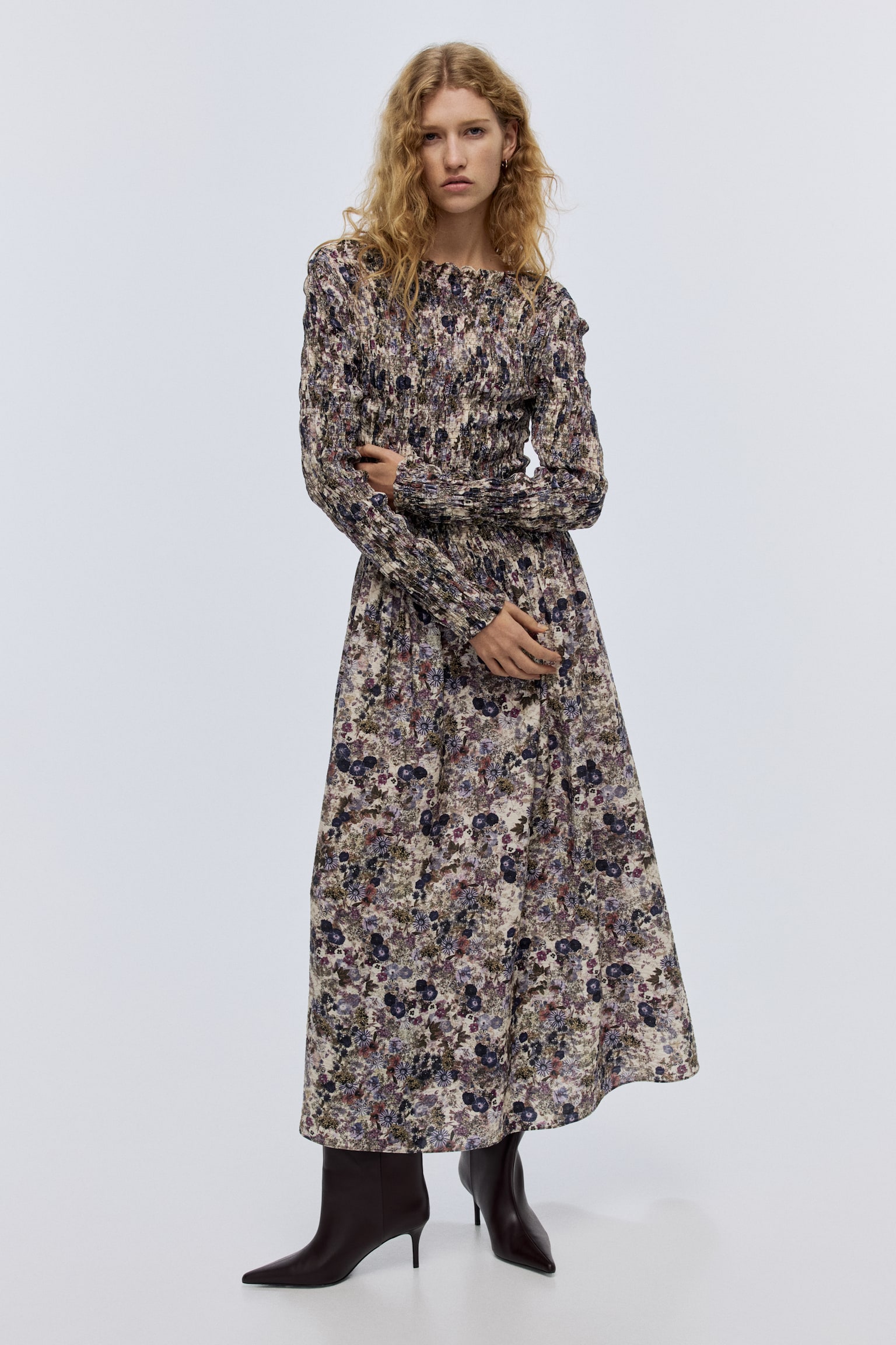 Smocked dress - Light beige/Floral/Black - 1