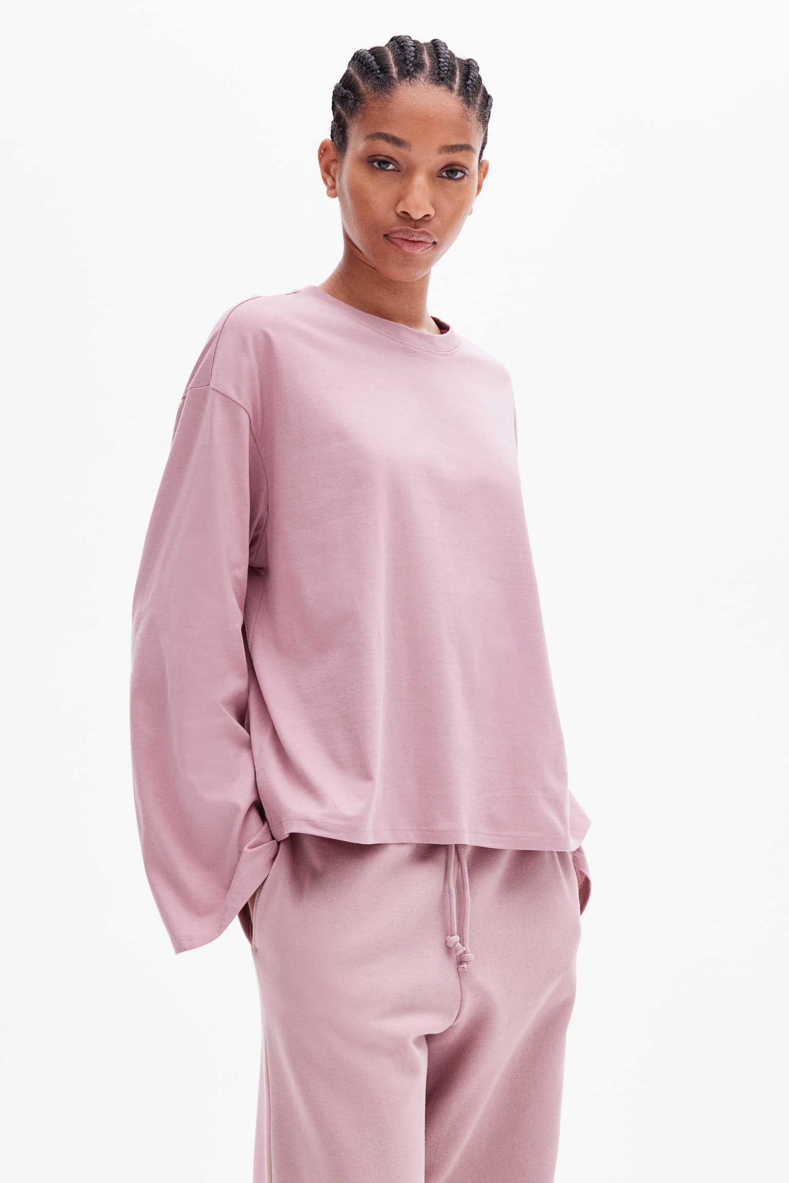 Long-sleeved cotton top - Dusty pink/Dark grey/Black/White/Light greige - 3