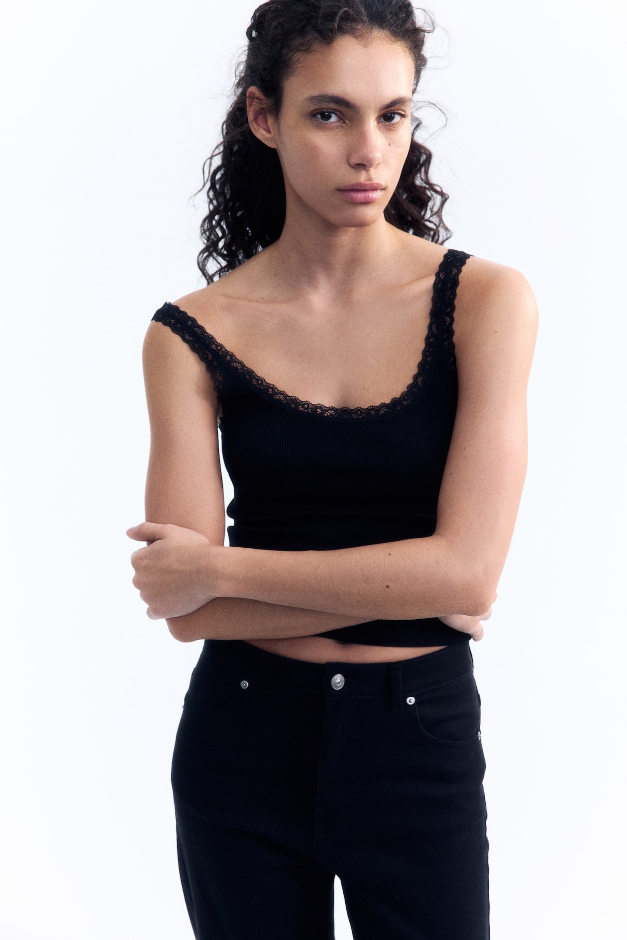 Lace-trimmed vest top - Black - Ladies | H&M GB
