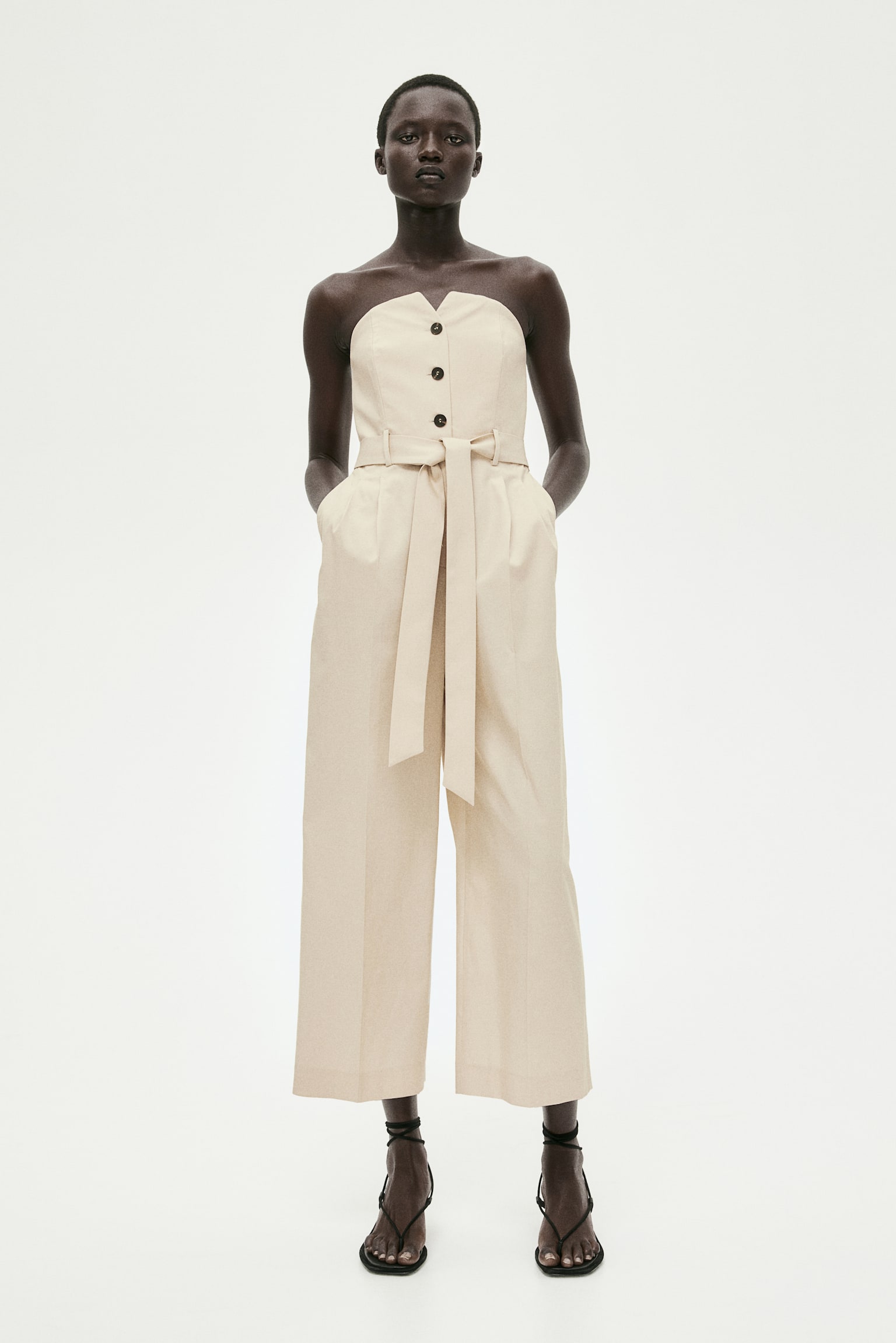 Tie Belt Bandeau Jumpsuit - Light beige - 4