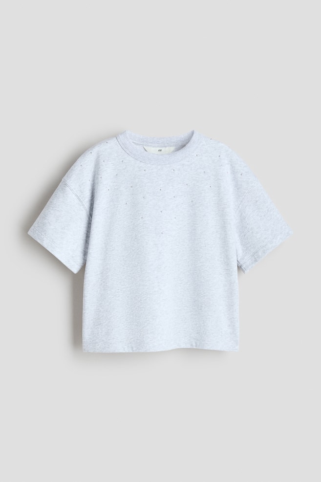 A light grey T-shirt crafted from soft jersey is shown from the front. It boasts a round, rib-trimmed neckline and dropped shoulders, with small, scattered embellishments adorning its front surface. - 1