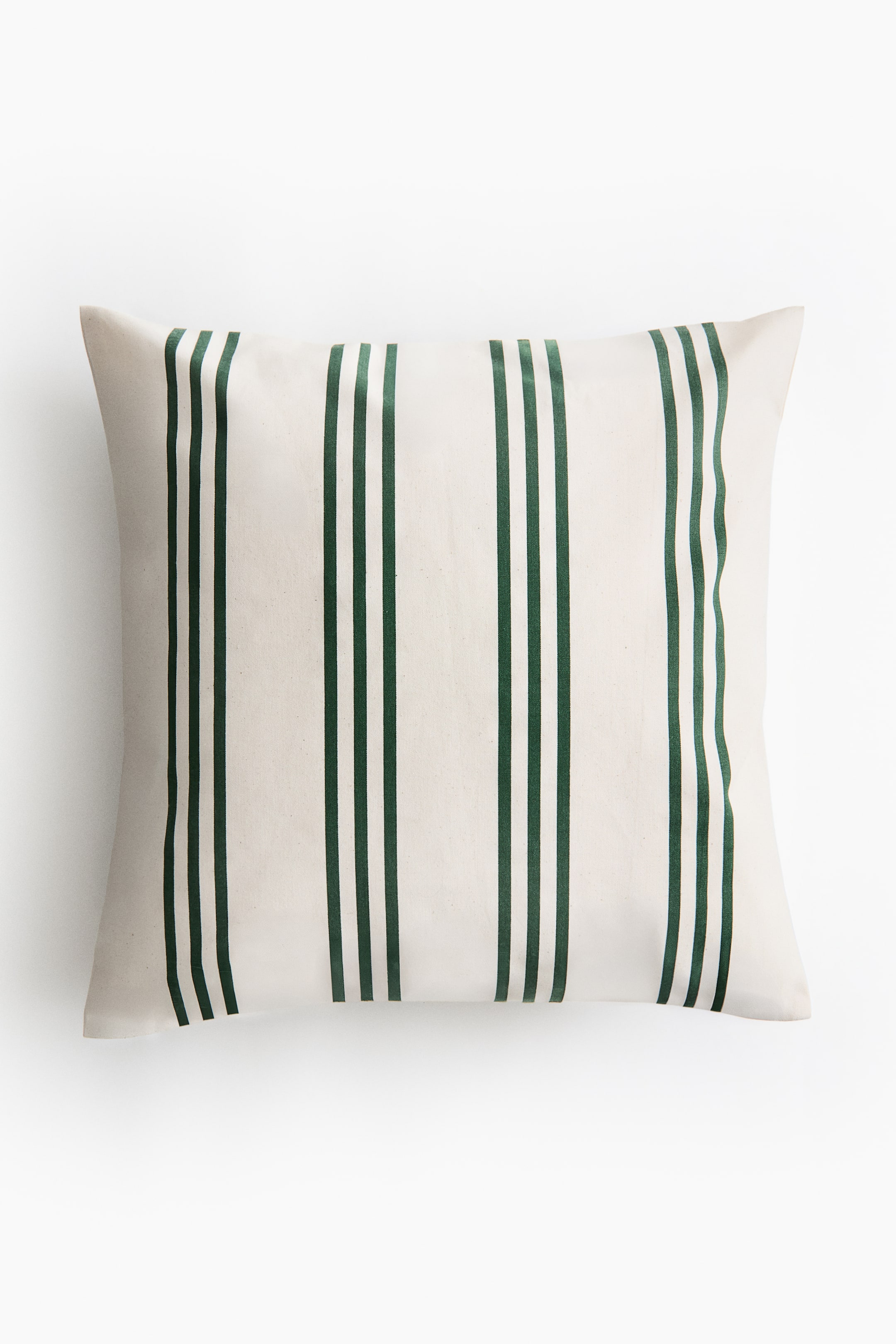 View larger image: The cushion cover is positioned front-facing, showcasing an off-white surface adorned with vertical green stripes. Each green stripe consists of three slender, parallel lines, and the rectangular cover exudes a plush look.