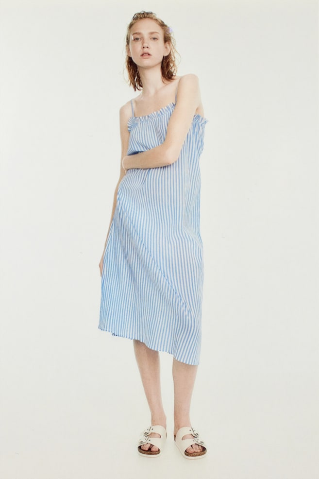 Frill-trimmed cotton dress - Blue/Striped/Black - 1