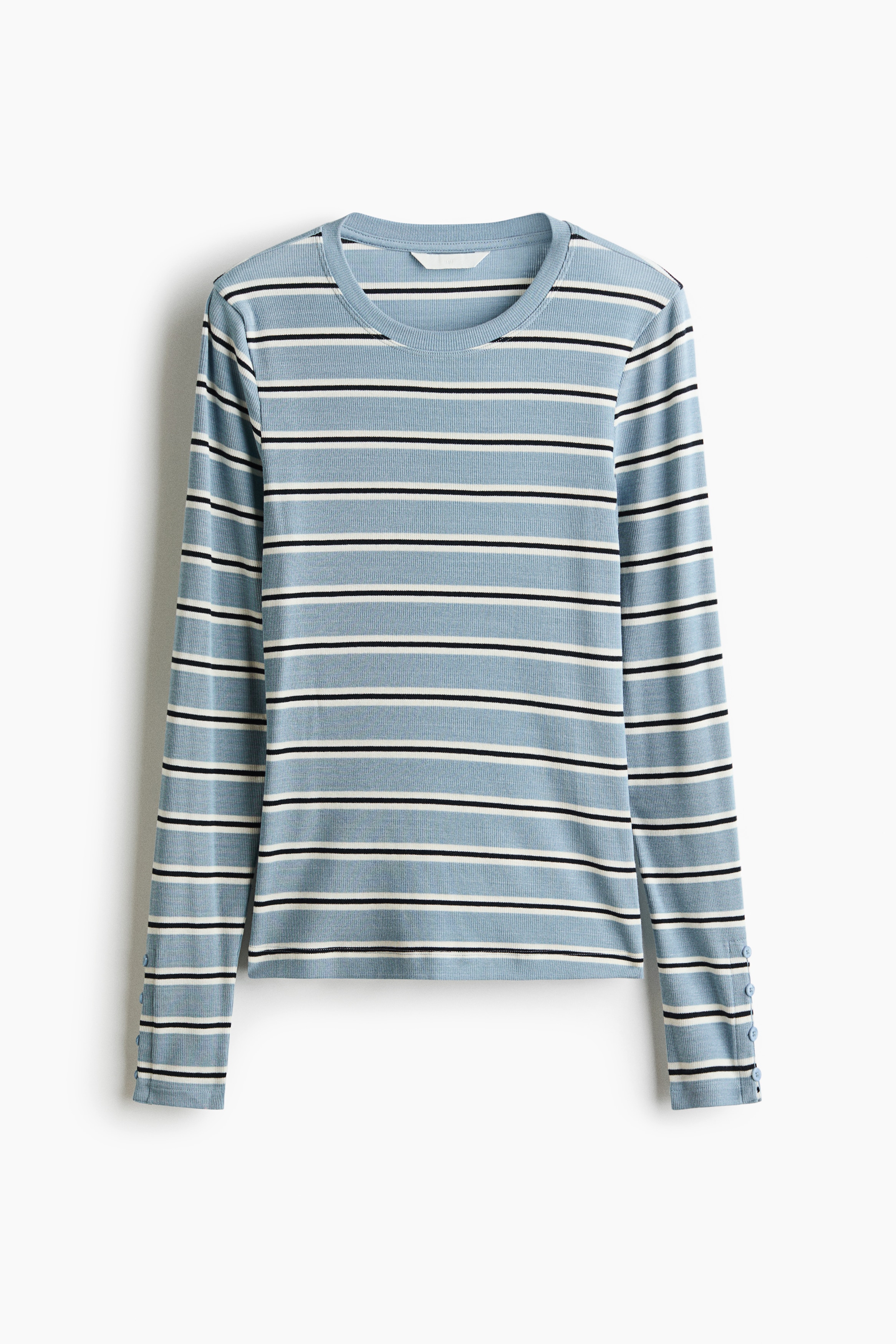 Long-sleeved button-detail top - Dusty blue/Striped/Red/Striped