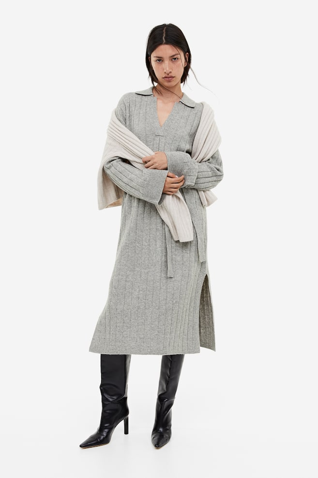 Rib-knit collared dress - Grey marl - 5