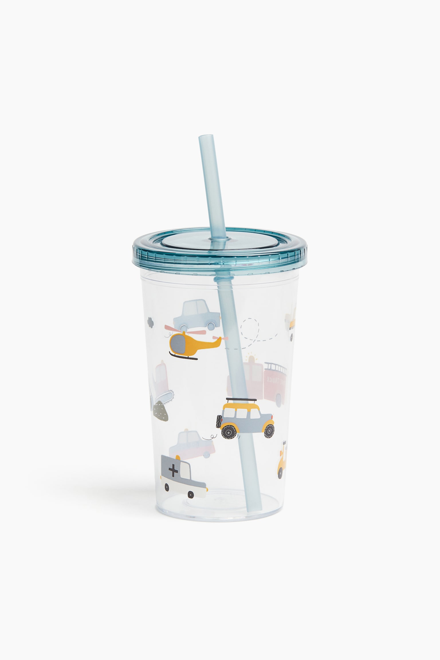 Patterned plastic mug with a straw - Light turquoise/Vechicles/Light green/Dinosaurs/Bright blue/Sharks/Pink/Ice Cream - 1