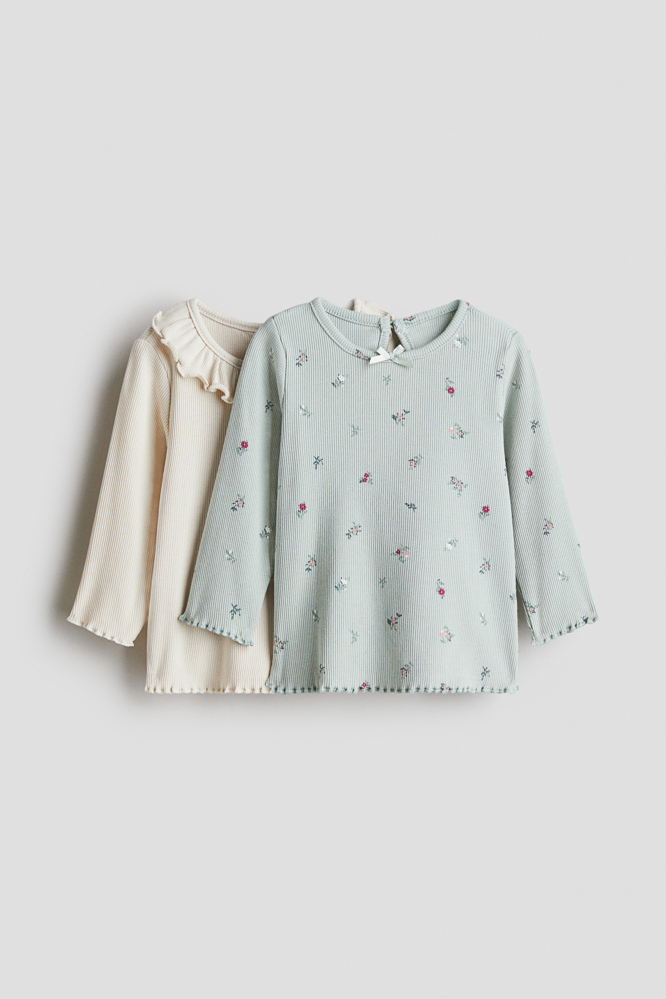 Bébé - Lot de 2 tops en jersey côtelé Turquoise clair/fleuri - Size: 92 (1½-2Y)  - H&M