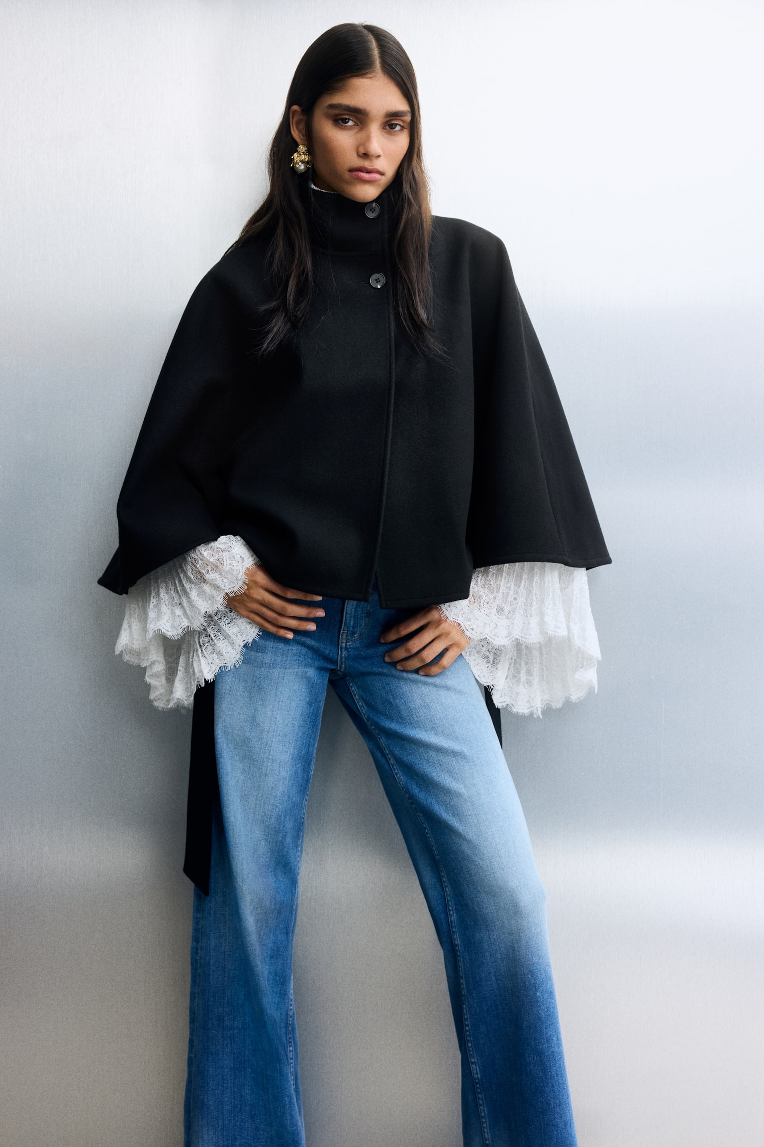 Belted cape coat - Black/Dark brown - 1