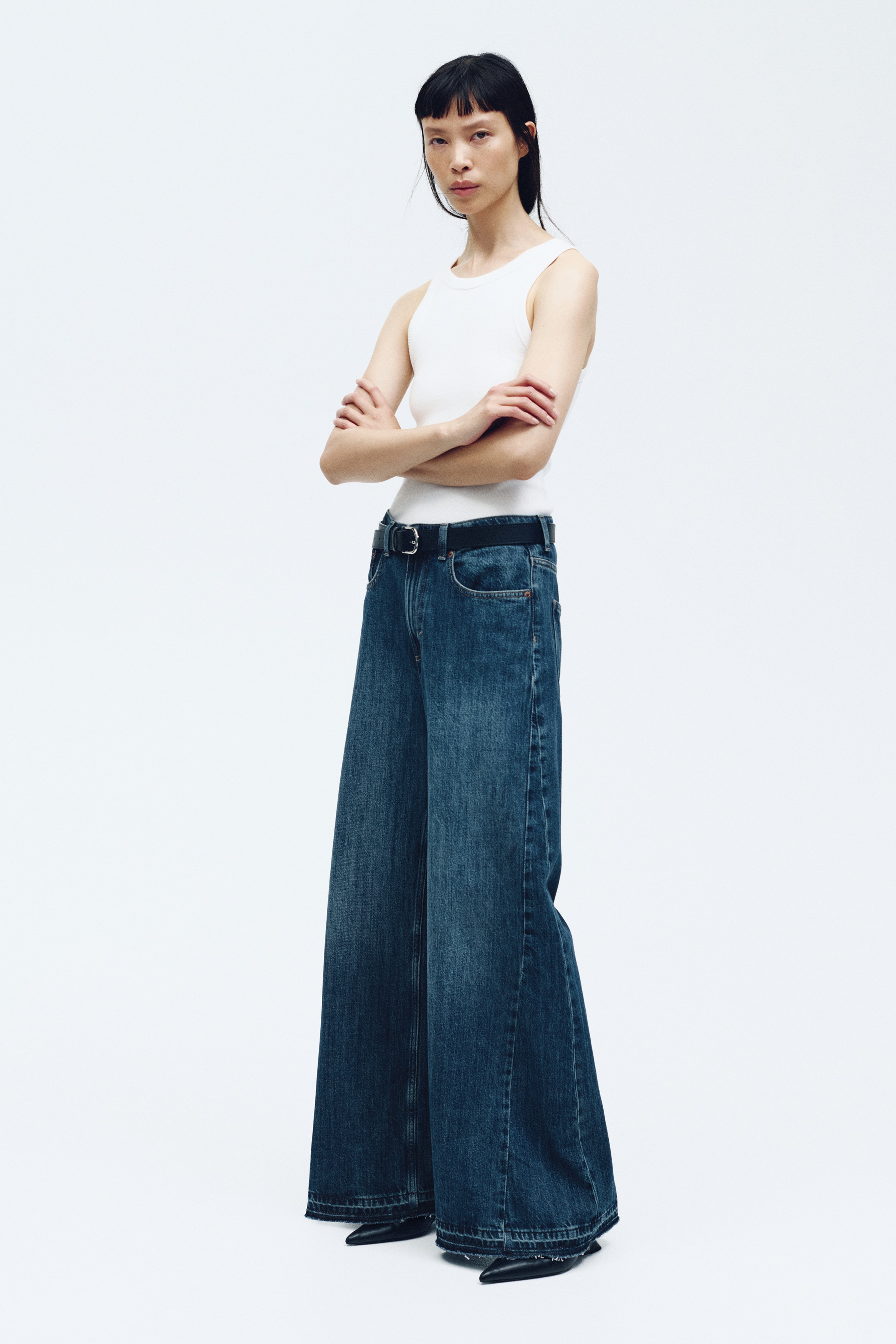 Wide High Jeans - Albastru-denim/Maro-închis