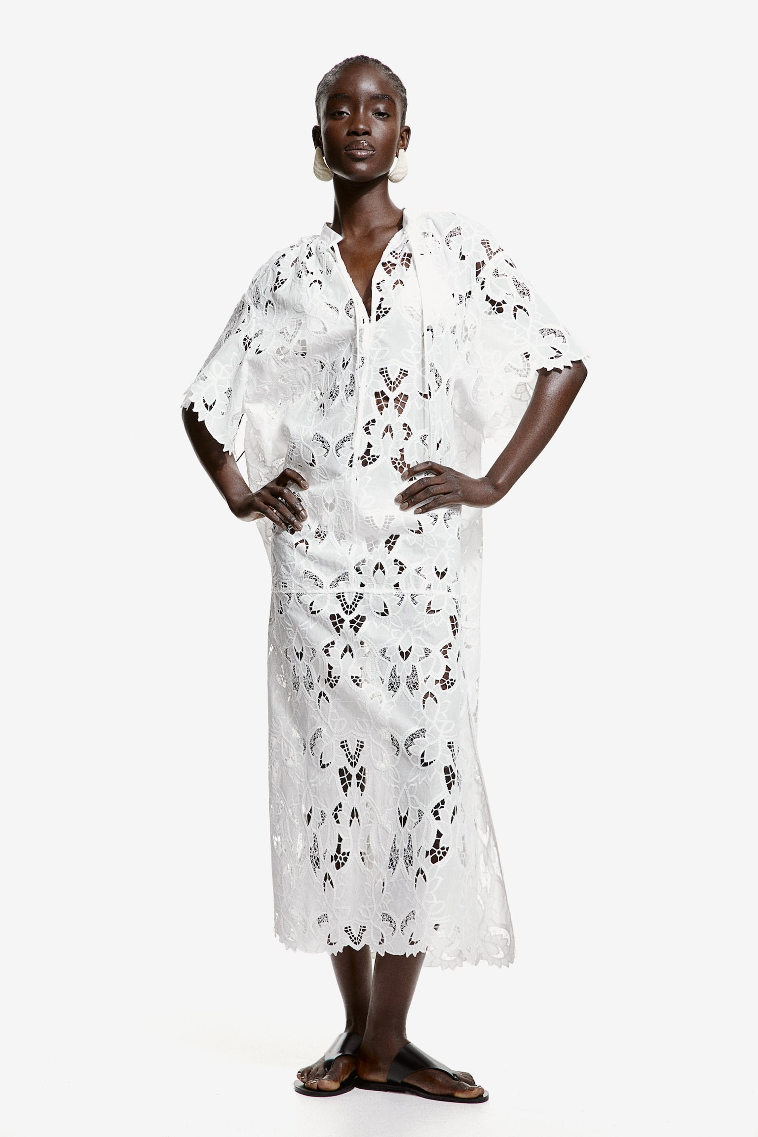 Robe caftan avec broderie anglaise - Blanc - 1